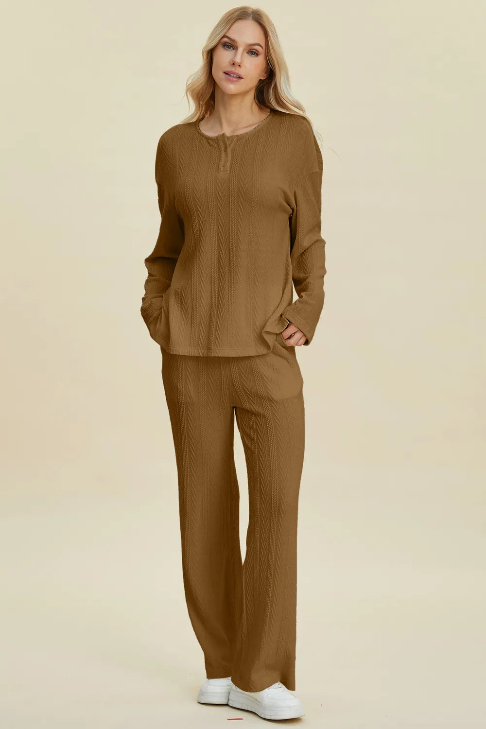 Double Take Full Size Cable-Knit Long Sleeve Top and Pants Set in Camel