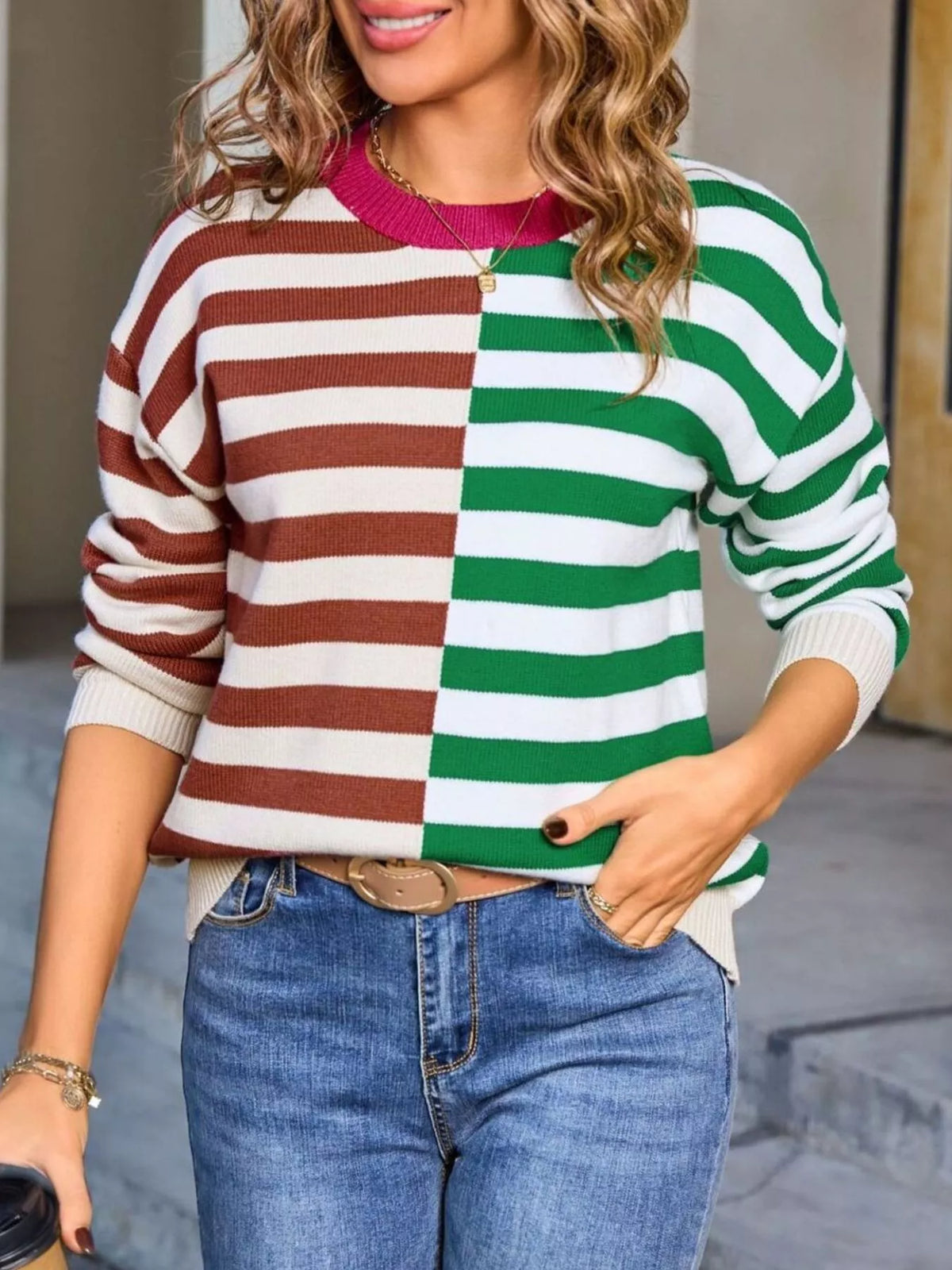 Striped Round Neck Long Sleeve Sweater, view 11