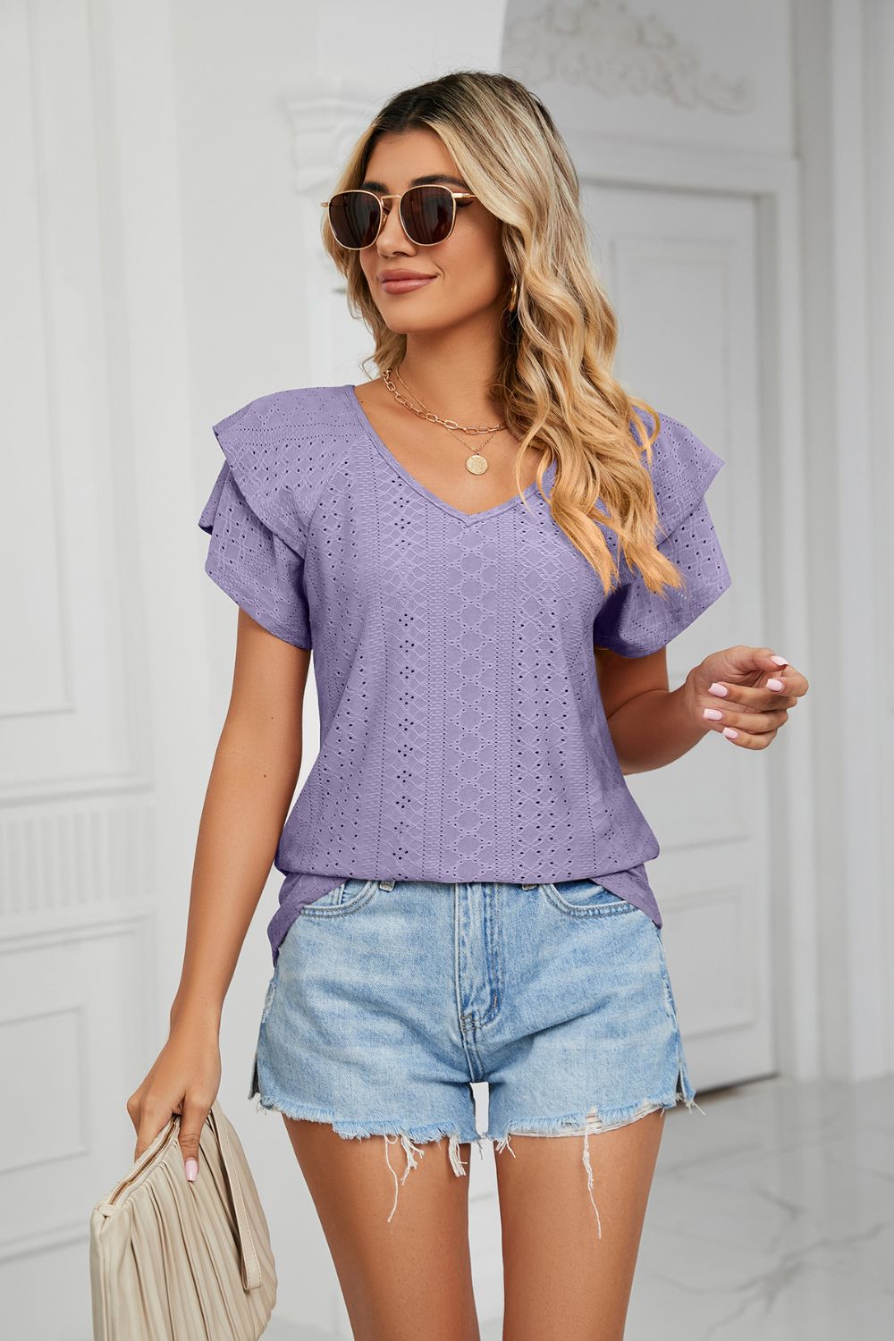 Eyelet Layered Flutter Sleeve V-Neck Knit Top - Lilixa.store