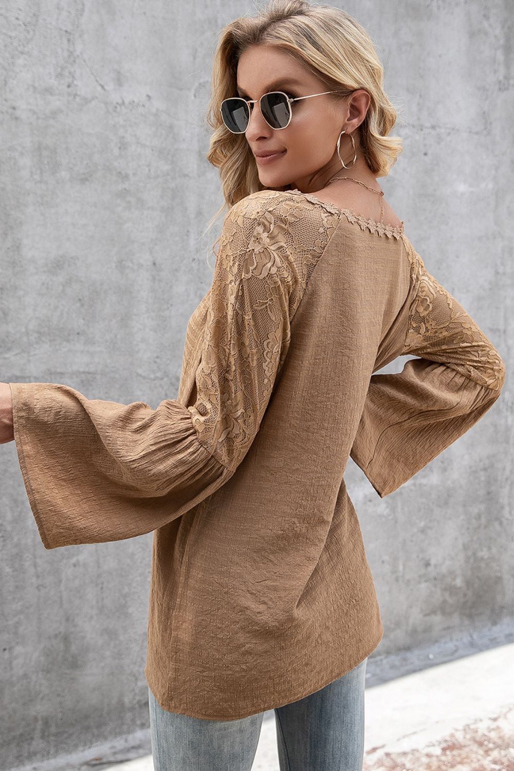 Ivy Lane V-Neck Spliced Lace Flare Sleeve Top, view 5