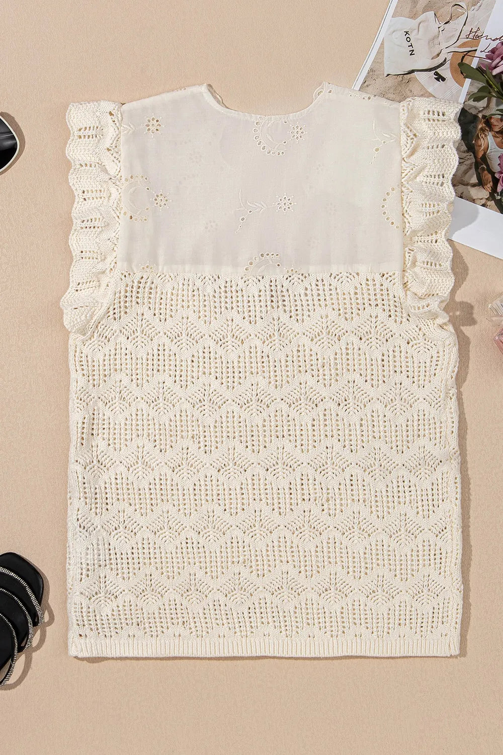 Embroidered Patchwork Hollow Out Knitted Ruffle Sweater Vest in Beige, view 6
