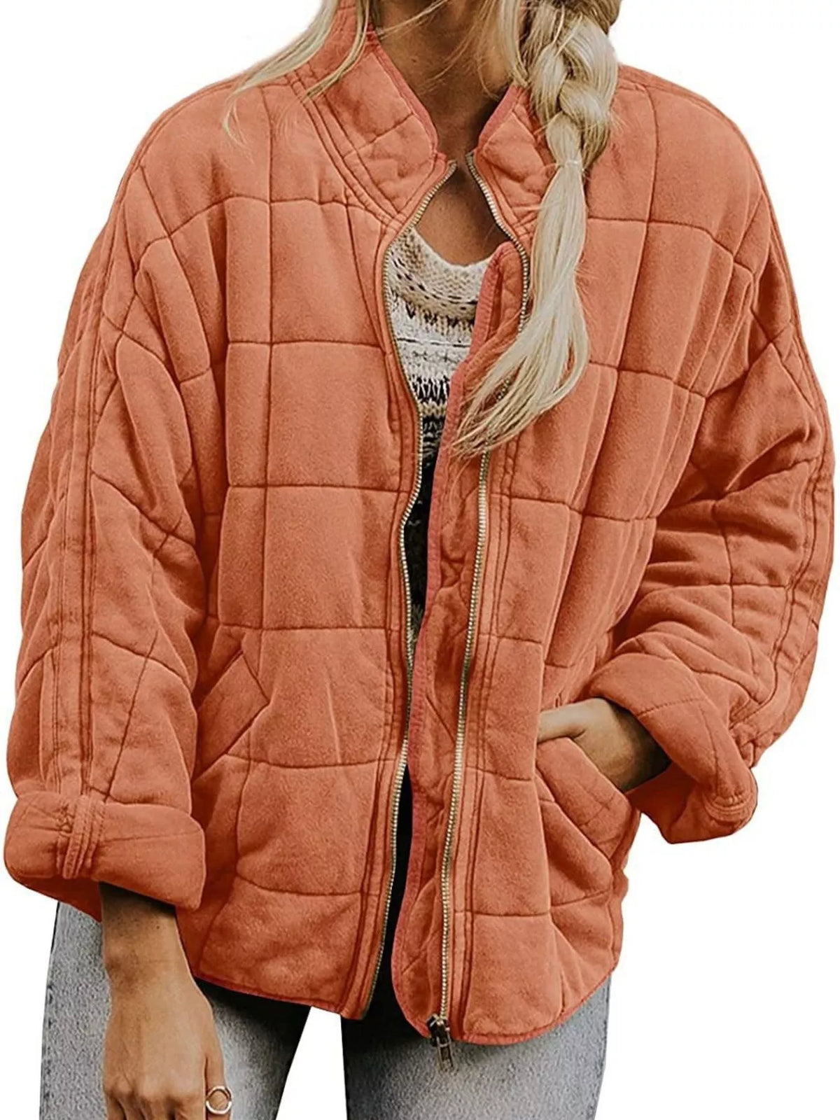 Quilted Zip Up Outerwear in Orange