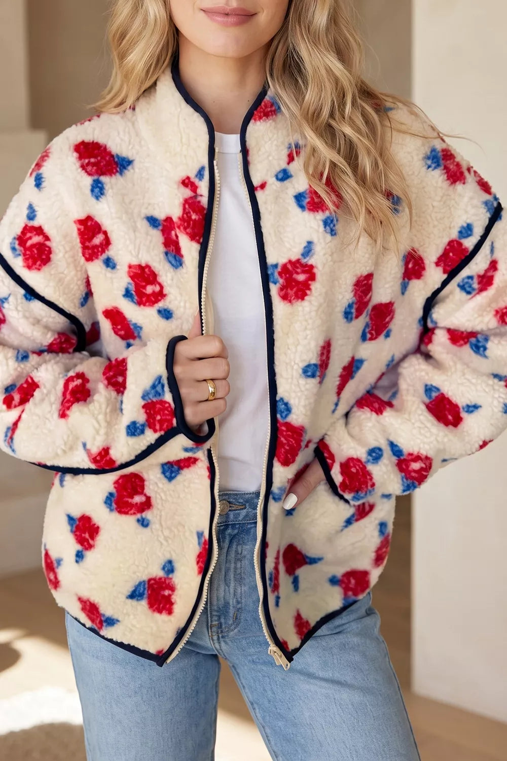 Floral Print Zipper Stand Neck Outerwear Fleece Coat in Scarlet