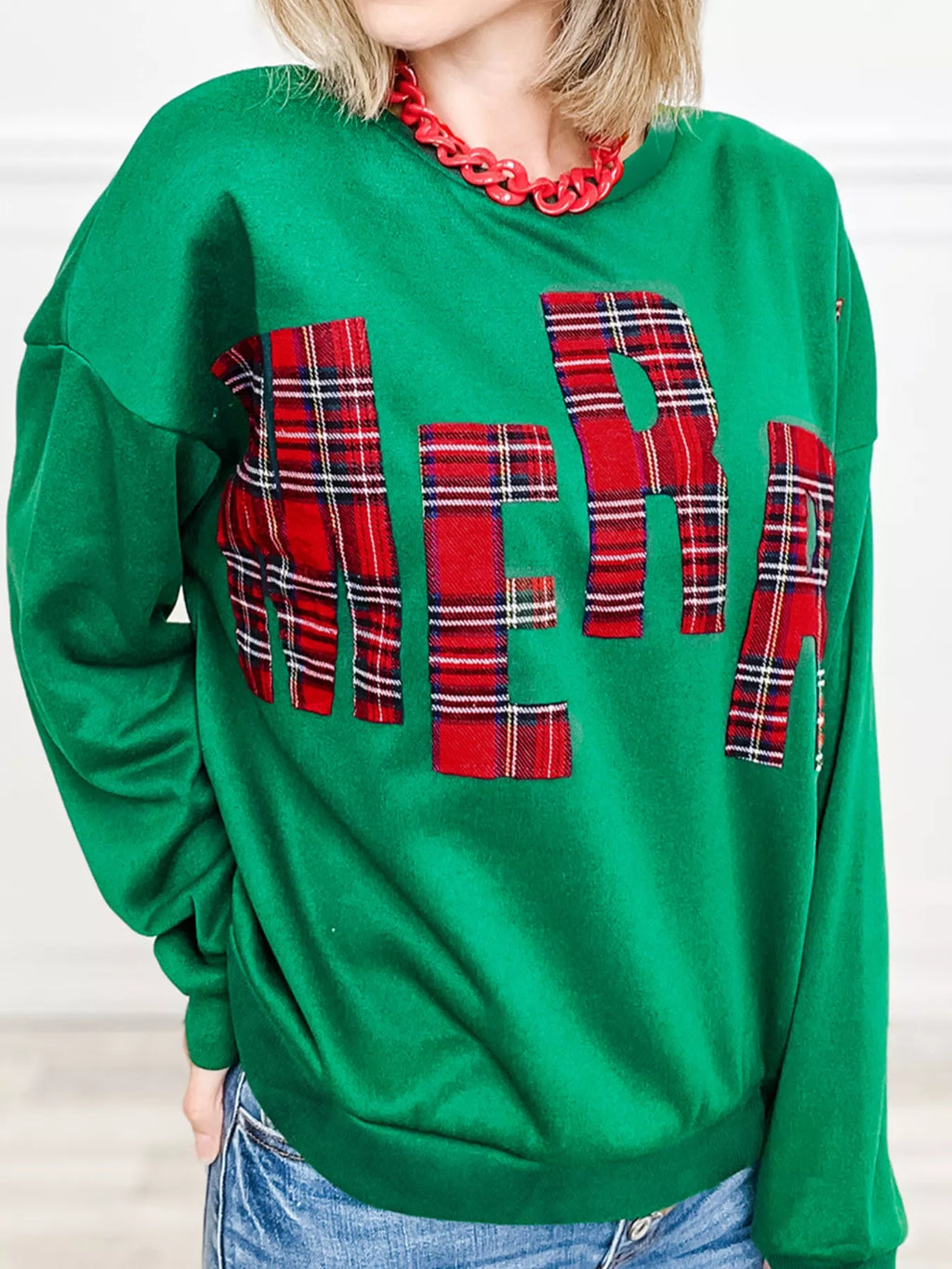 Plaid Letter Graphic Round Neck Sweatshirt - Lilixa.store