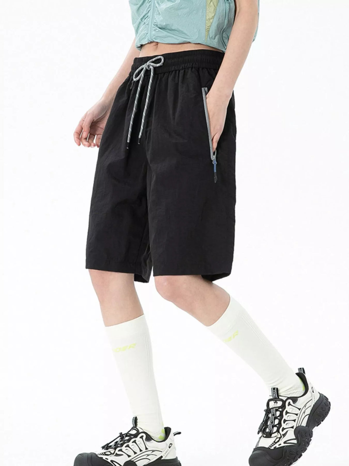 Men's Lightweight Drawstring Shorts with Zipper Pockets in Black