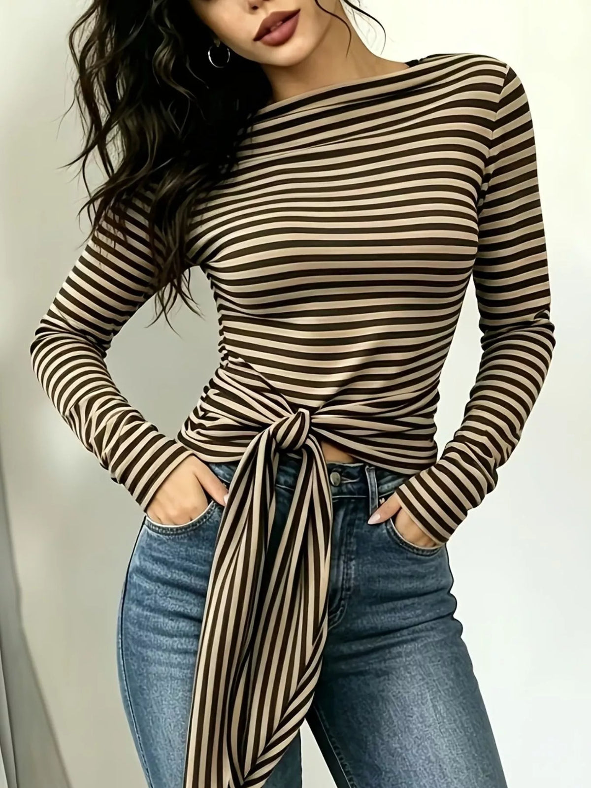 Long Sleeve Striped T-Shirt with Front Tie Detail - Lilixa.store