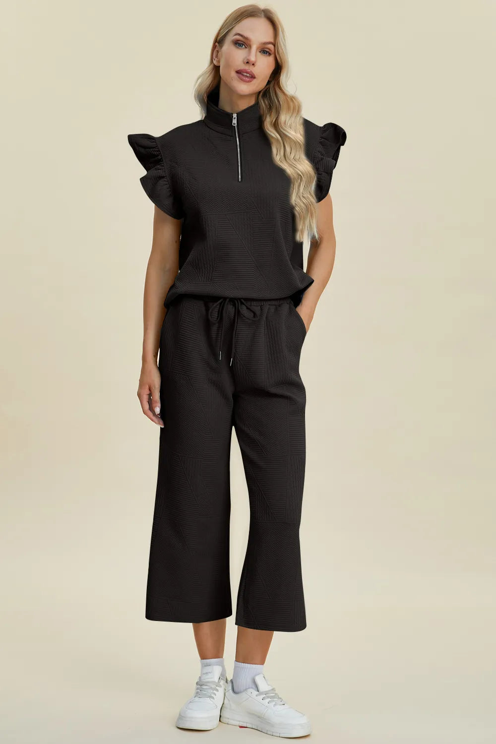 Double Take Full Size Texture Ruffle Short Sleeve Top and Wide Leg Pants Set, view 27