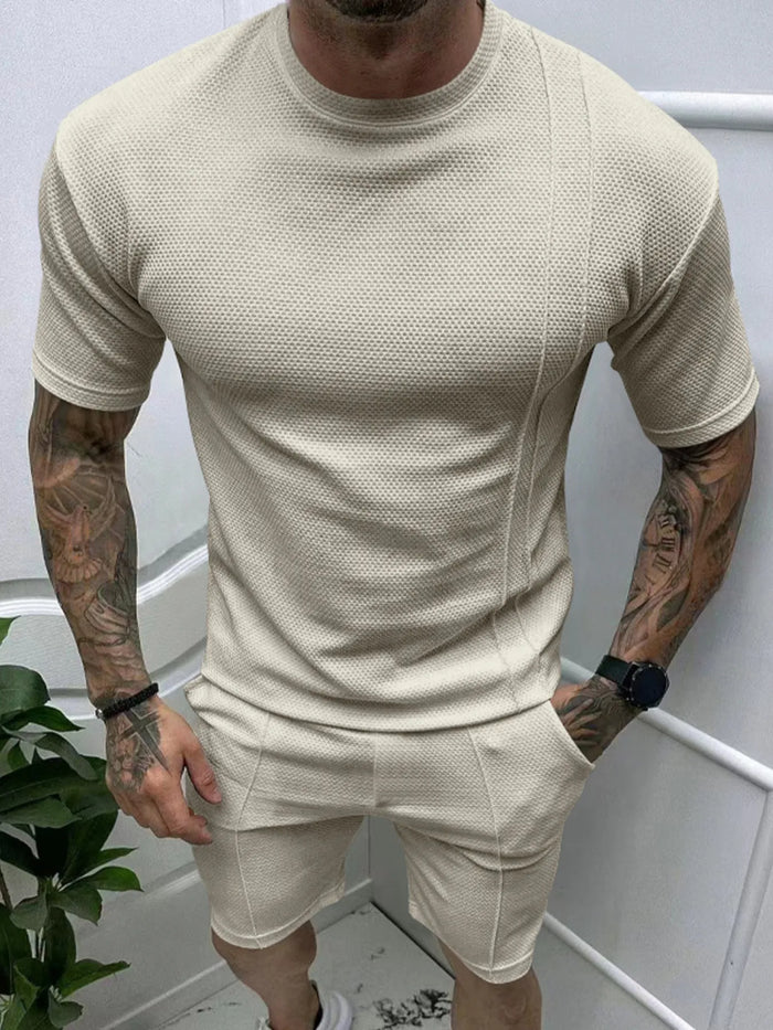 Men's Full Size Round Neck Tee and Shorts Set Plus Size in Khakis