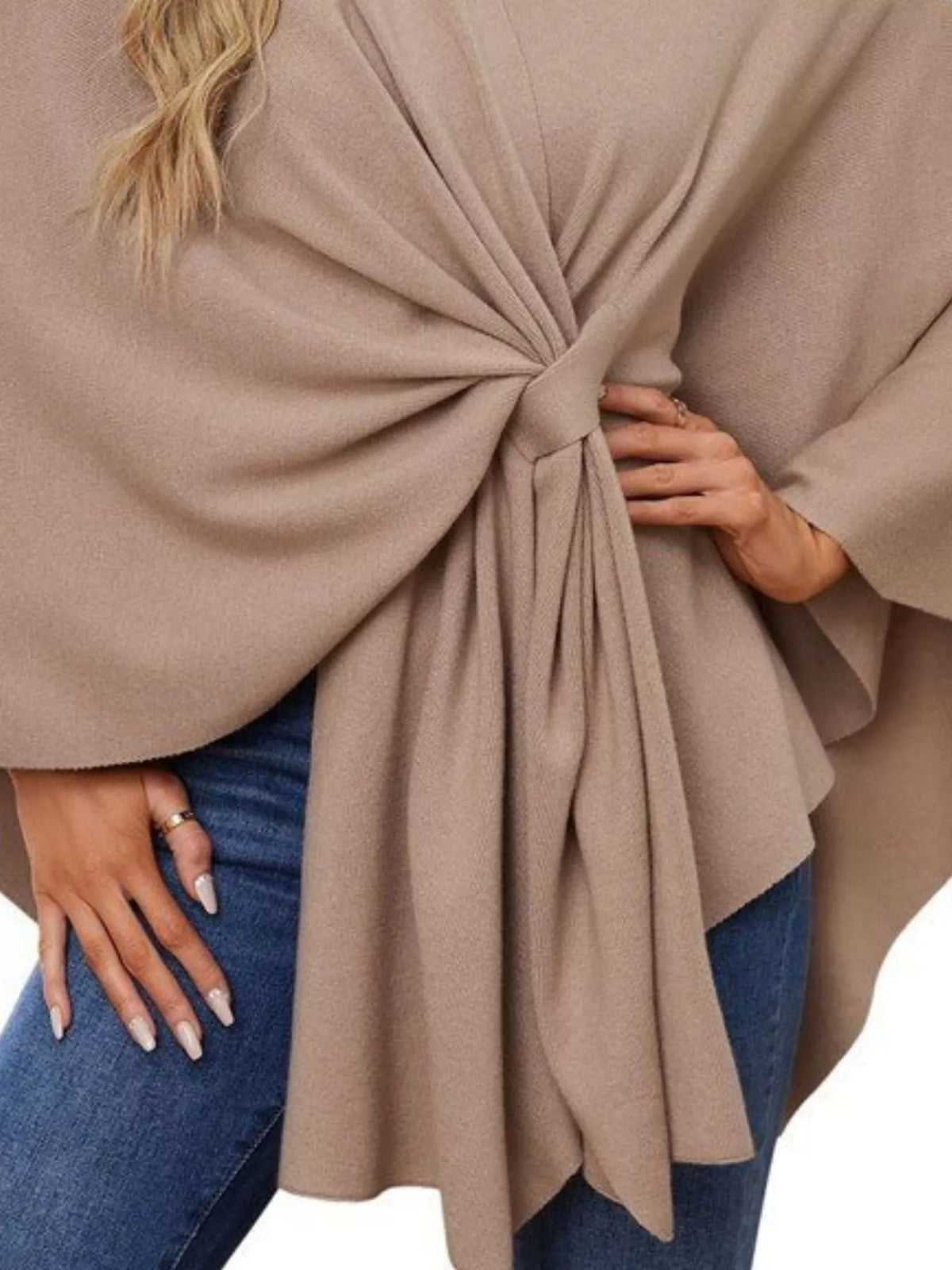 Solid Color Tie-Front Knit Cape Top, view 20