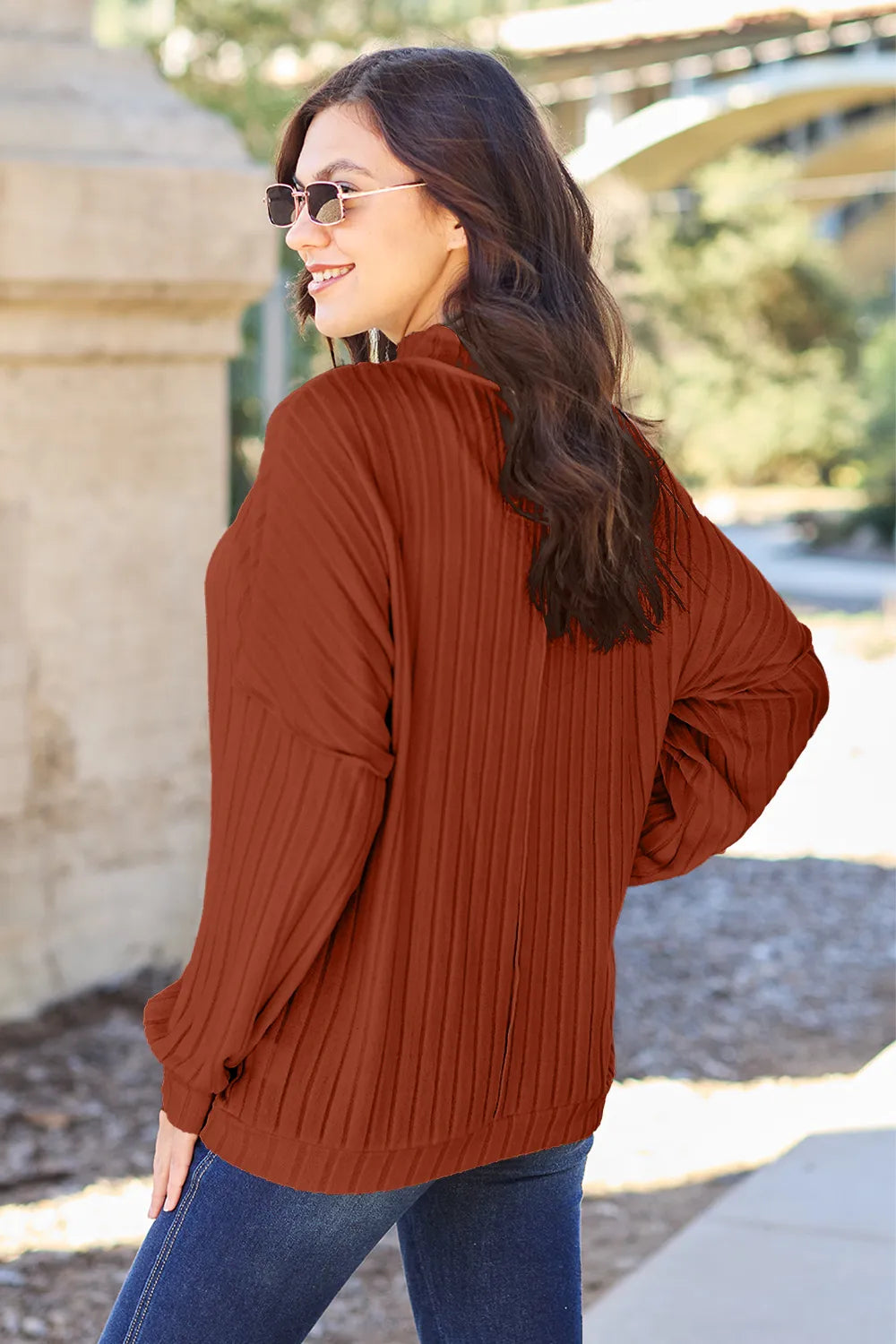 Basic Bae Full Size Ribbed Exposed Seam Mock Neck Knit Top - Lilixa.store