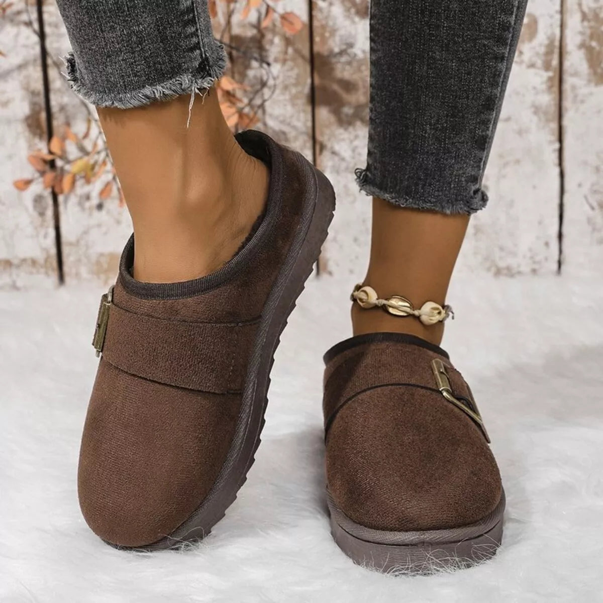 Buckle Decor Plush Lined Warm Slippers - Lilixa.store