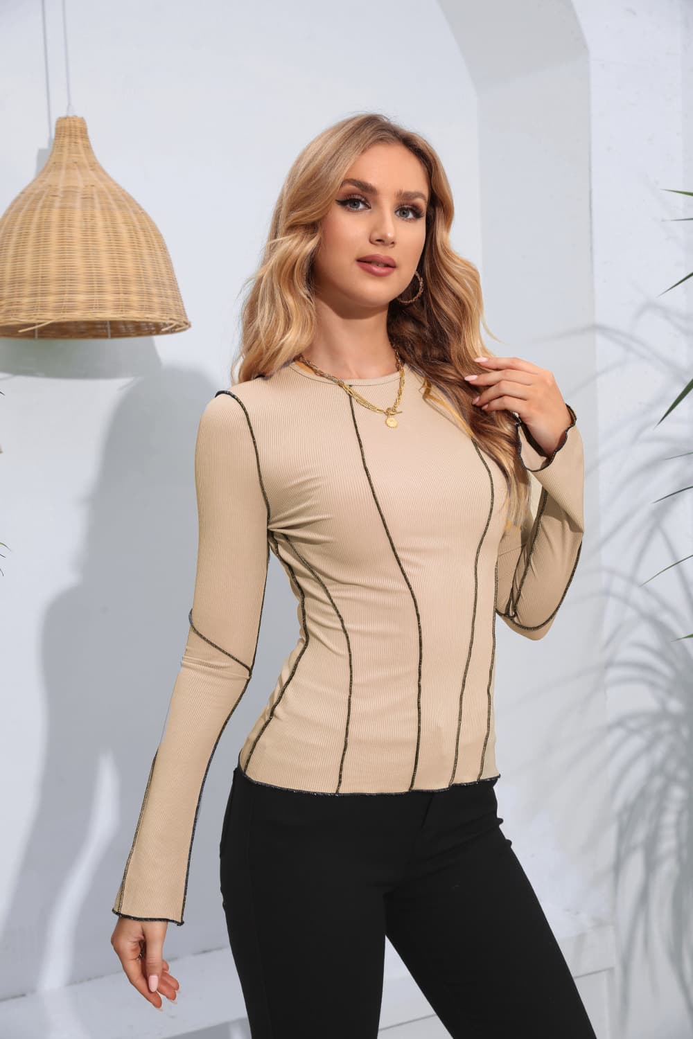 Ribbed Round Neck Long Sleeve Blouse, view 5