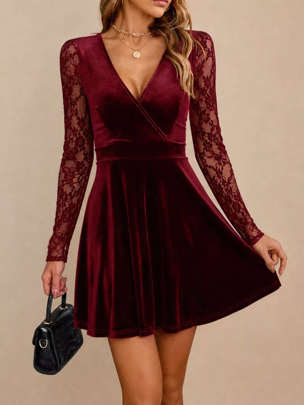 Velvet Lace Long Sleeve Mini Dress - Lilixa.store