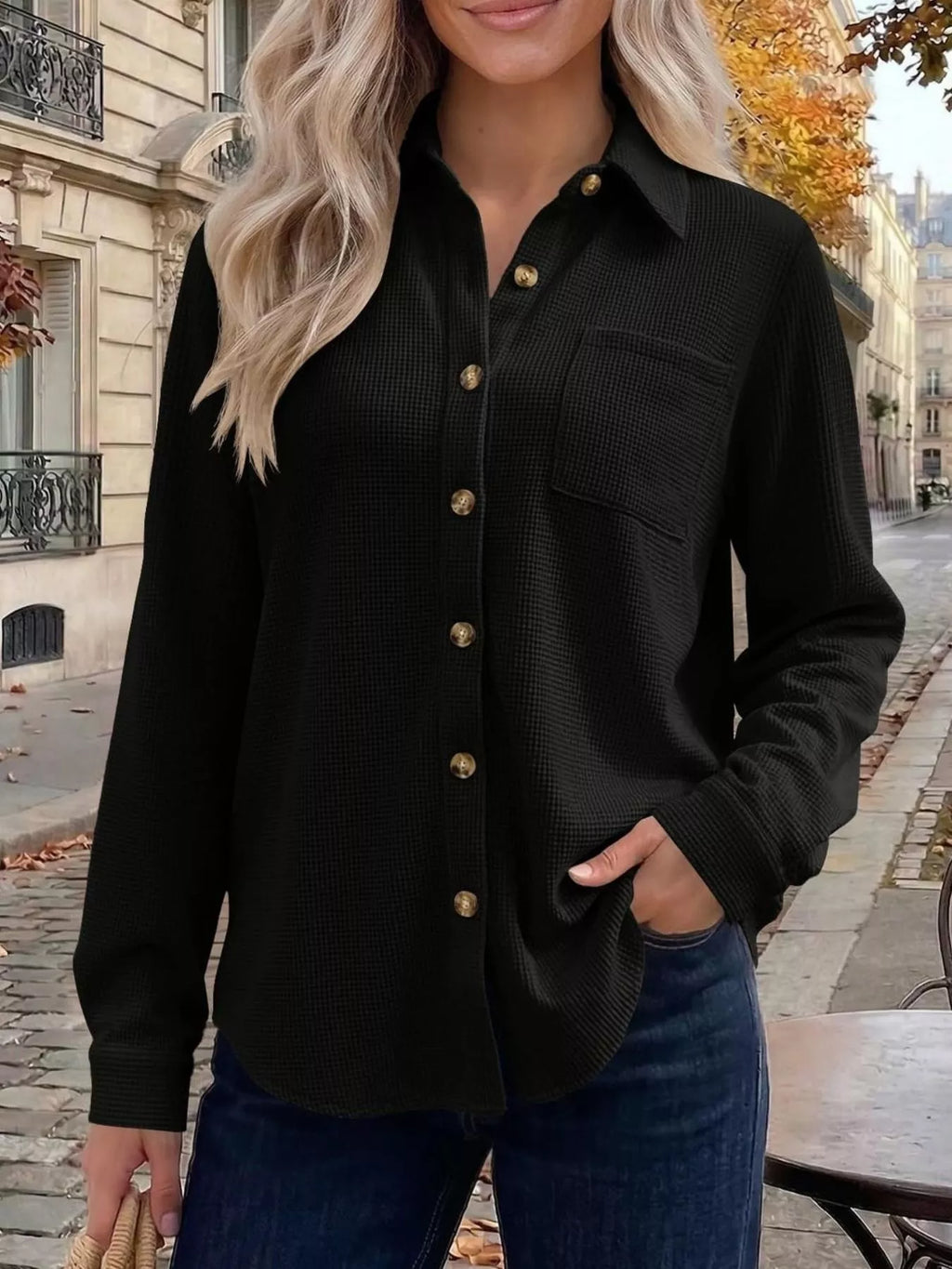 Waffle Knit Button-Down Long Sleeve Shirt - Lilixa.store