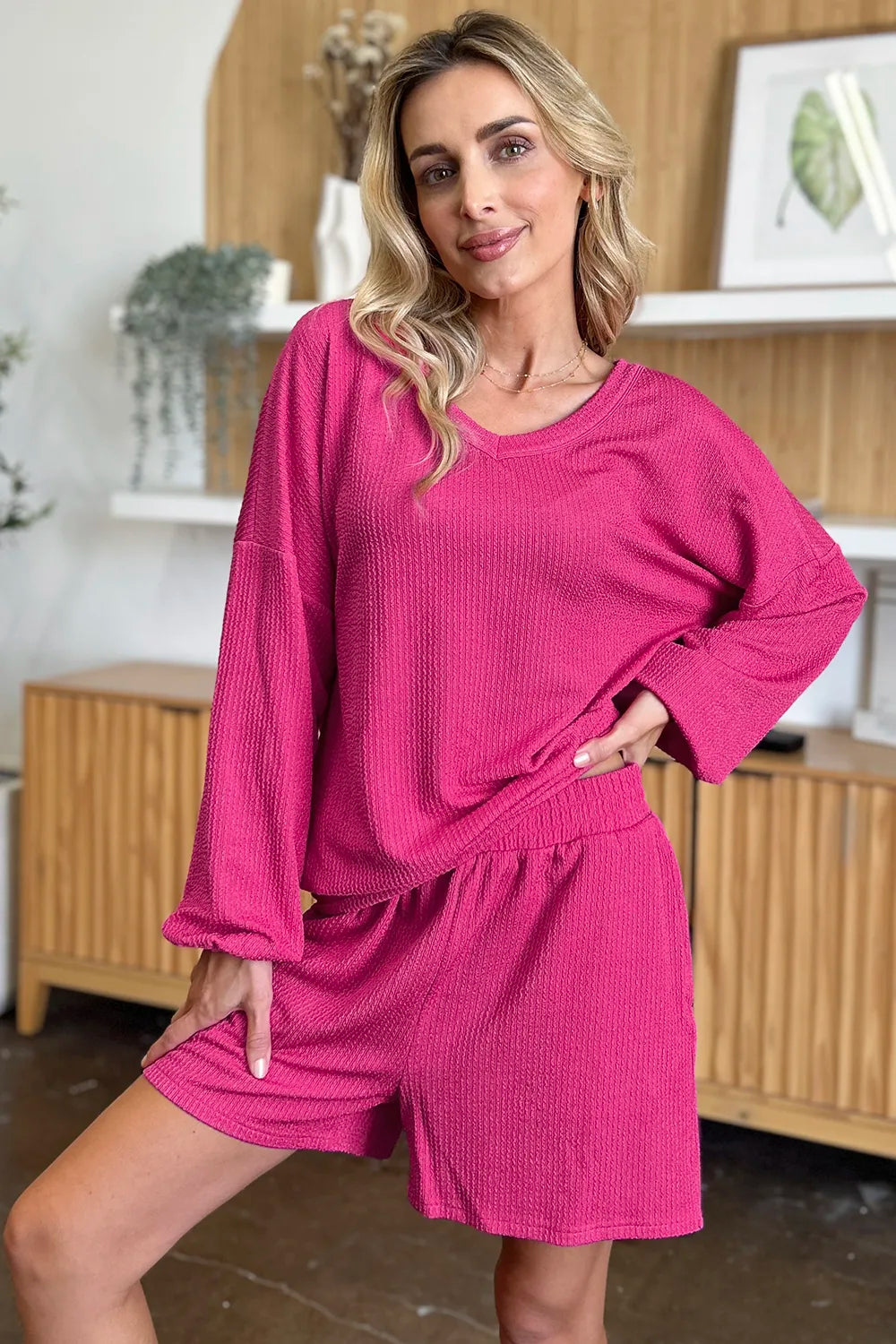 Double Take Full Size Texture V-Neck Long Sleeve T-Shirt and Shorts Set, view 7