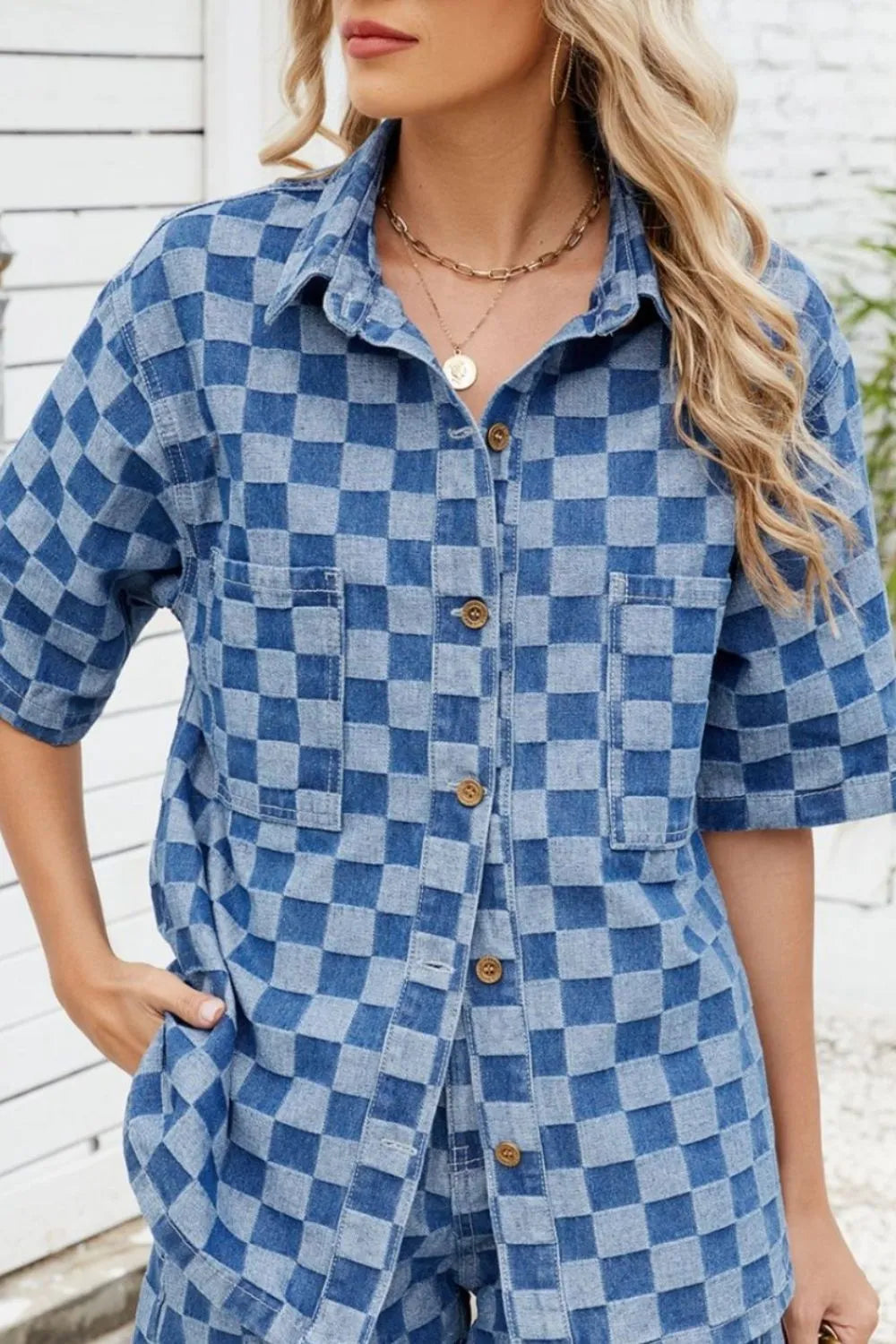 Button Down Checkered Denim Shirt - Lilixa.store