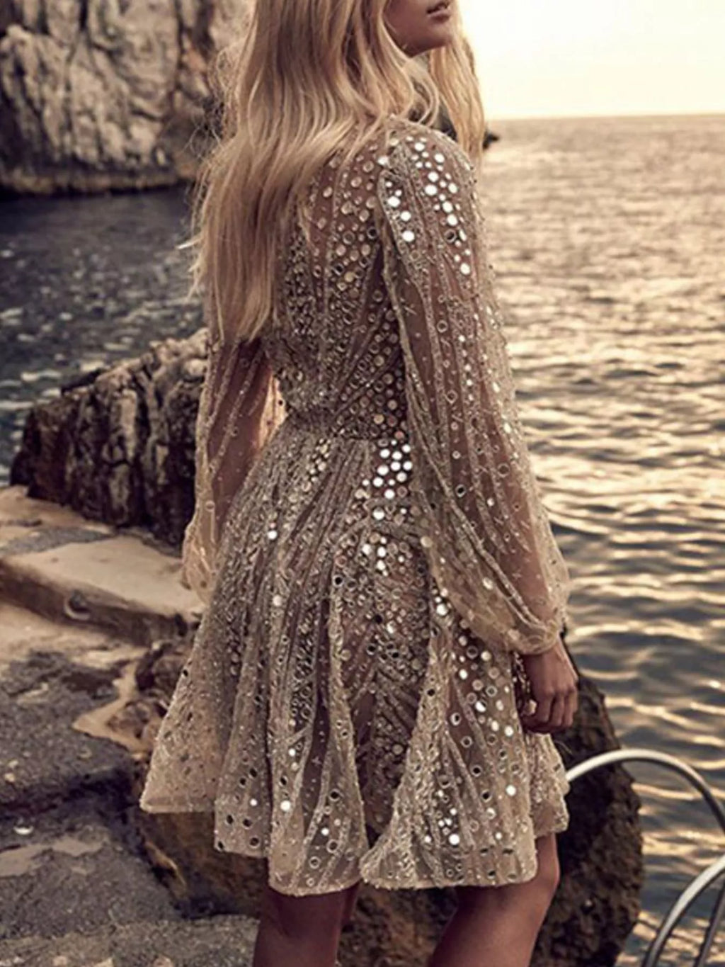 Sequin Deep V-Neck Mini Dress - Lilixa.store