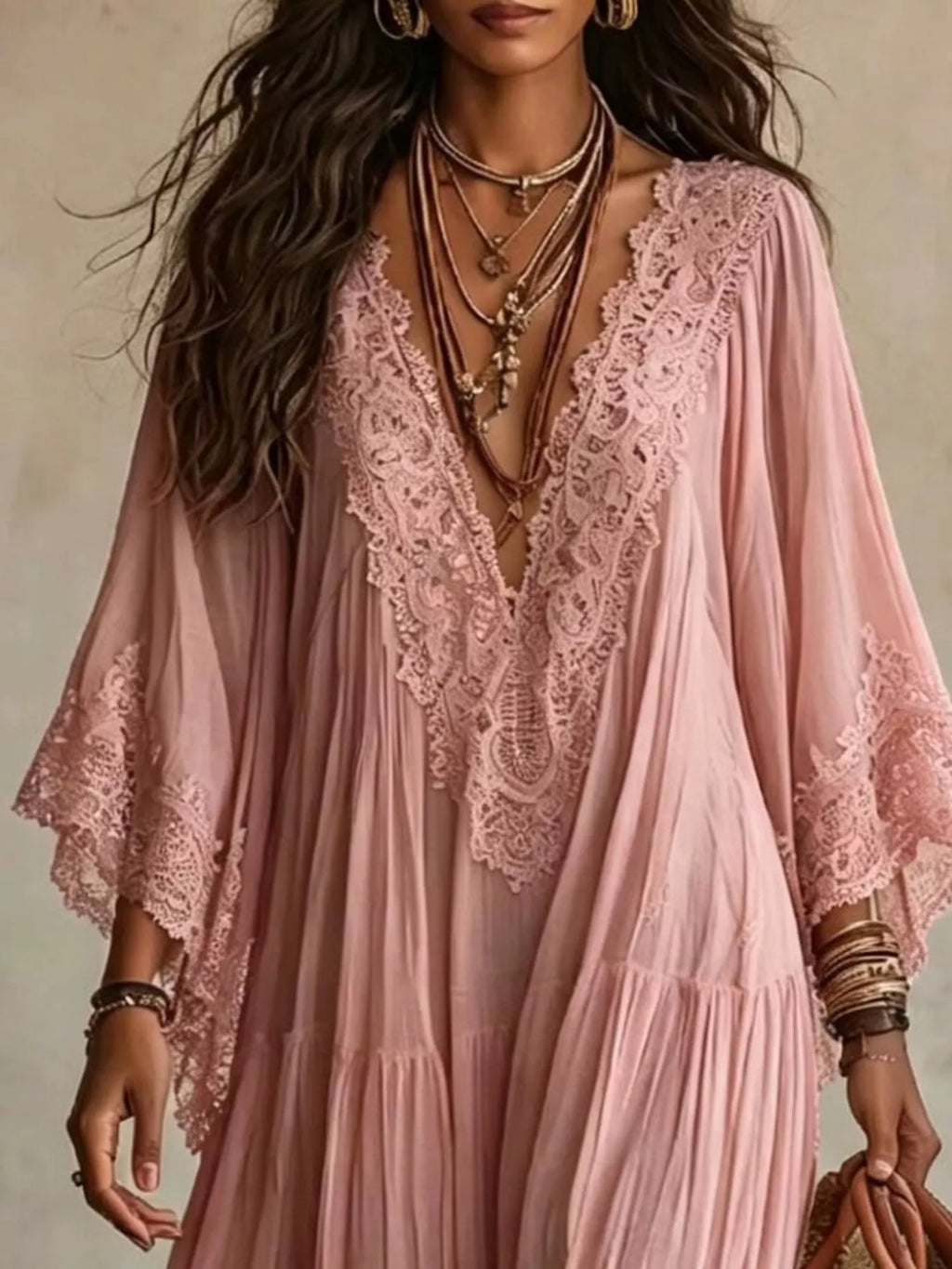 Lace Trim V-Neck Maxi Dress - Lilixa.store