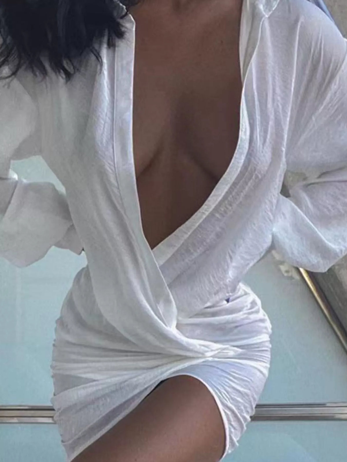 Deep V-Neck Ruched Asymmetrical Mini Dress in White, view 8
