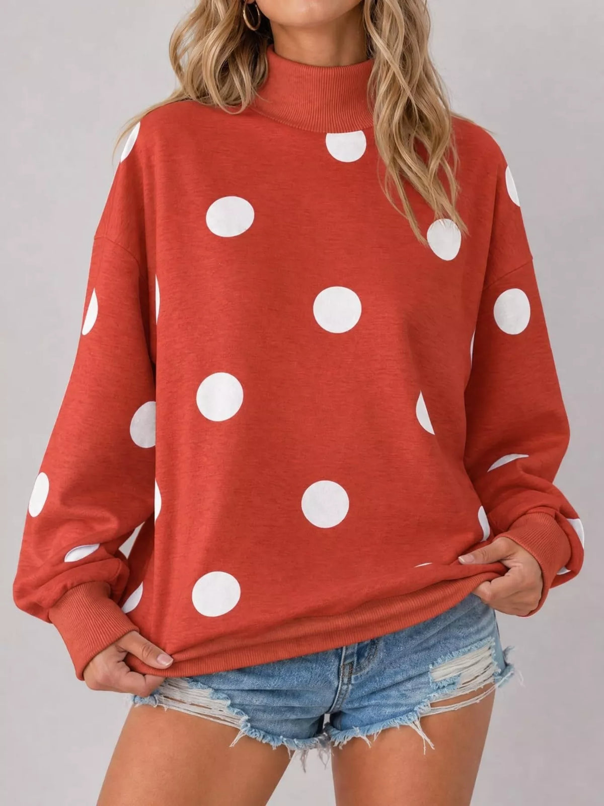 Mock Neck Polka Dot Print Oversized Sweatshirt - Lilixa.store