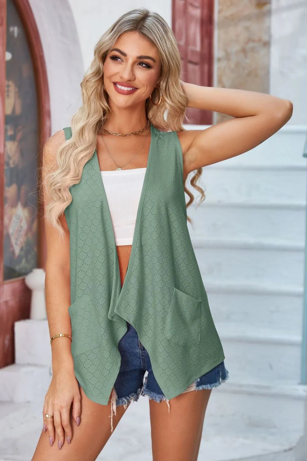 Eyelet Open Front Sleeveless Cardigan - Lilixa.store
