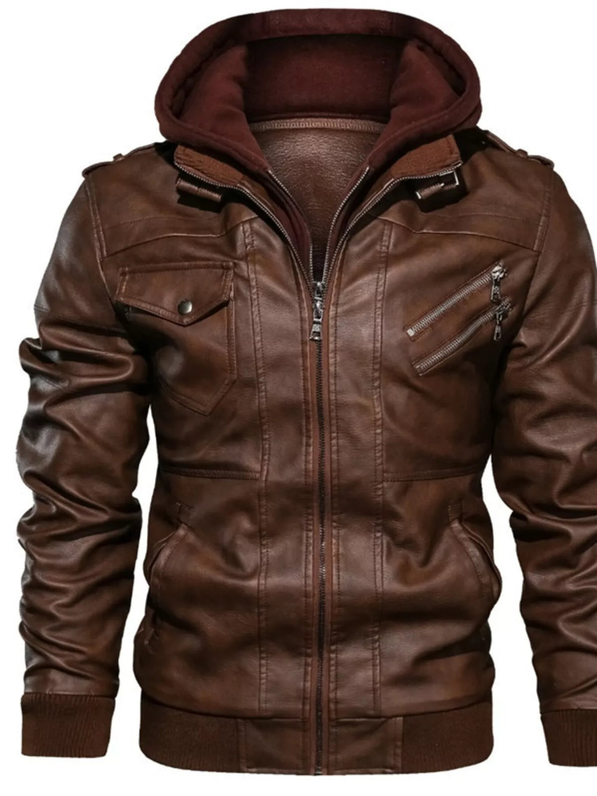 Men's Full Size Hooded Faux Leather Moto Jacket Plus Size - Lilixa.store