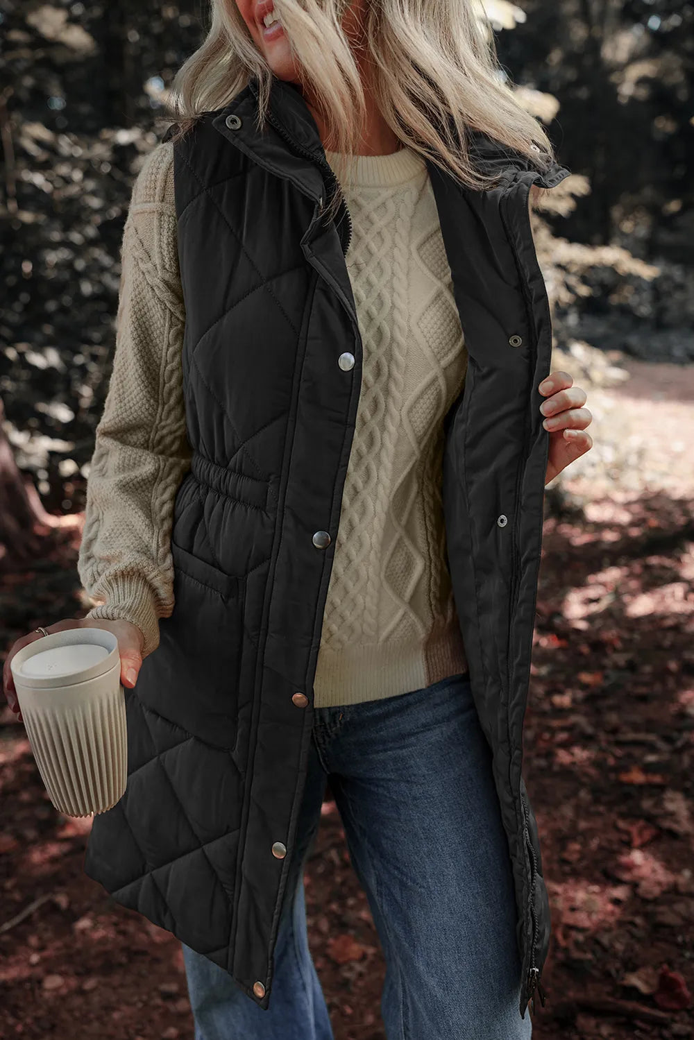 Pocketed Zipper and Button Vest Coat, view 7