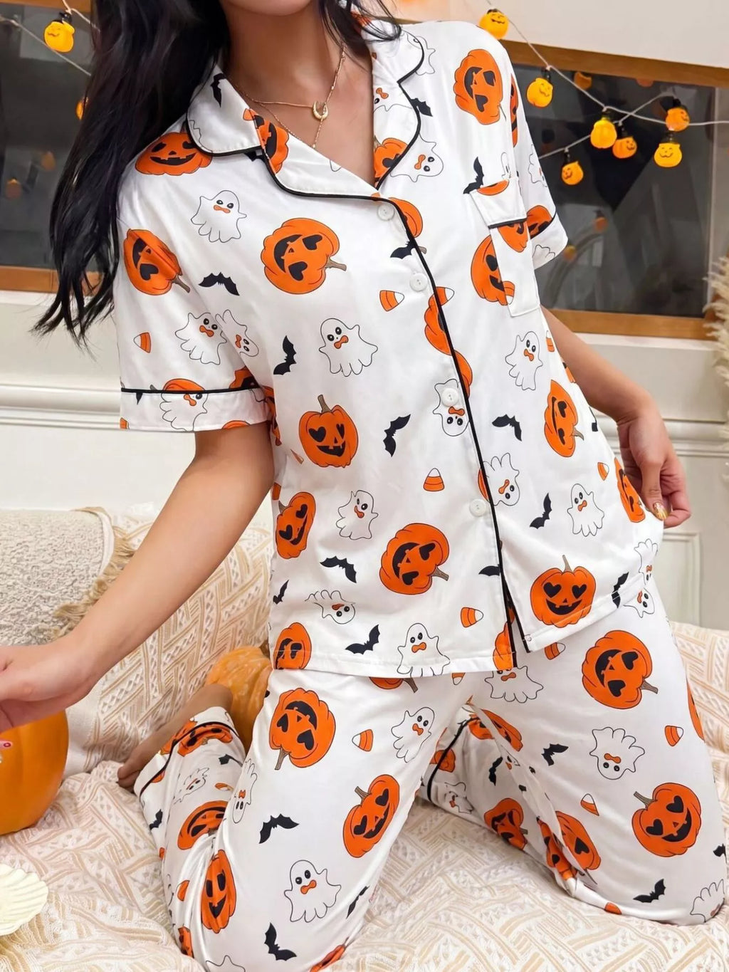 Halloween Pumpkin Print Button-Down Top and Pants Set - Lilixa.store