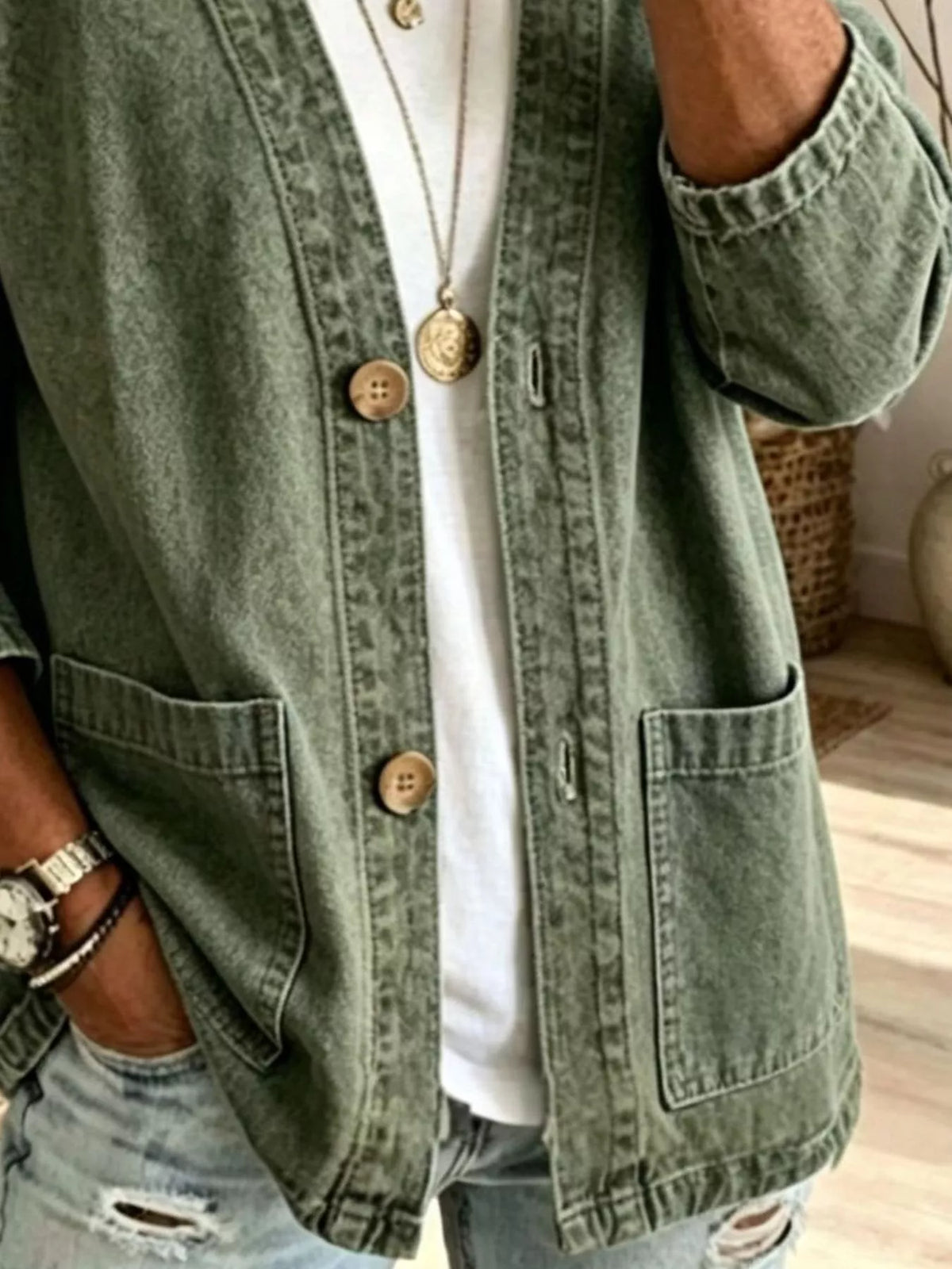 V-Neck Button-Down Denim Jacket, view 5