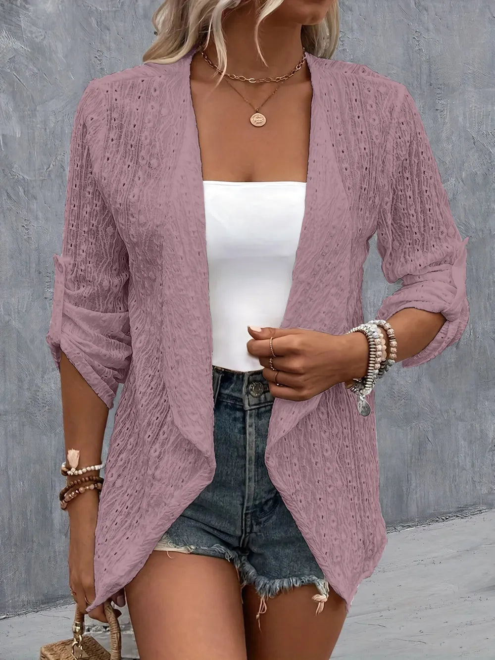 Eyelet Roll-Tab Sleeve Cardigan - Lilixa.store