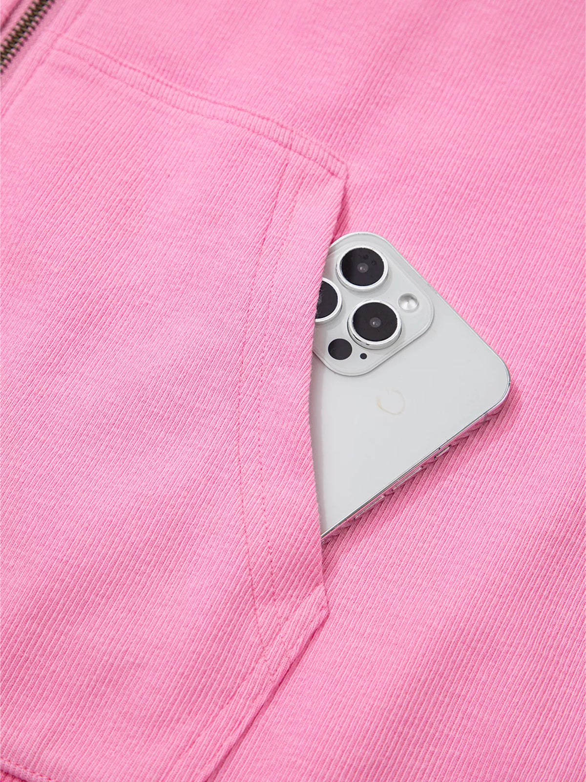 Solid Color Ribbed Zip Up Drawstring Hooded Jacket in Pink, view 9