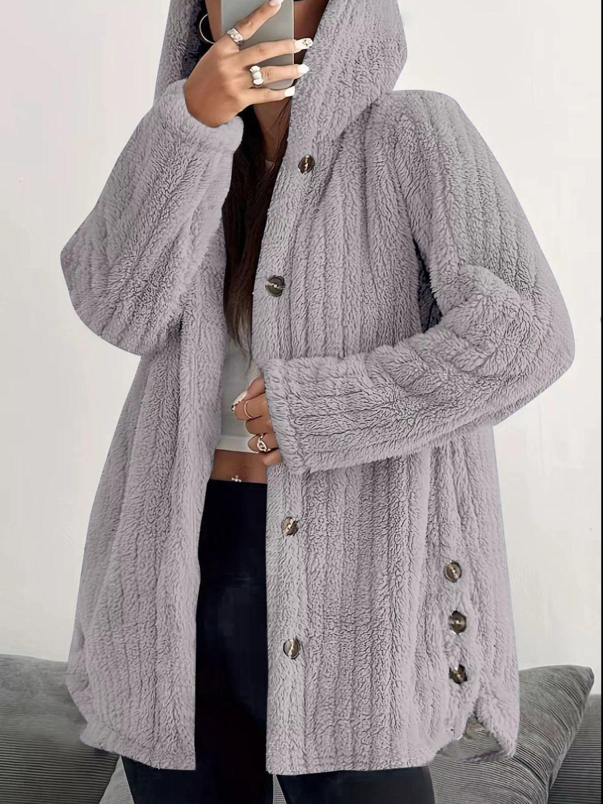 Full Size Fleece Button Up Hooded Outerwear Plus Size in Light Grey