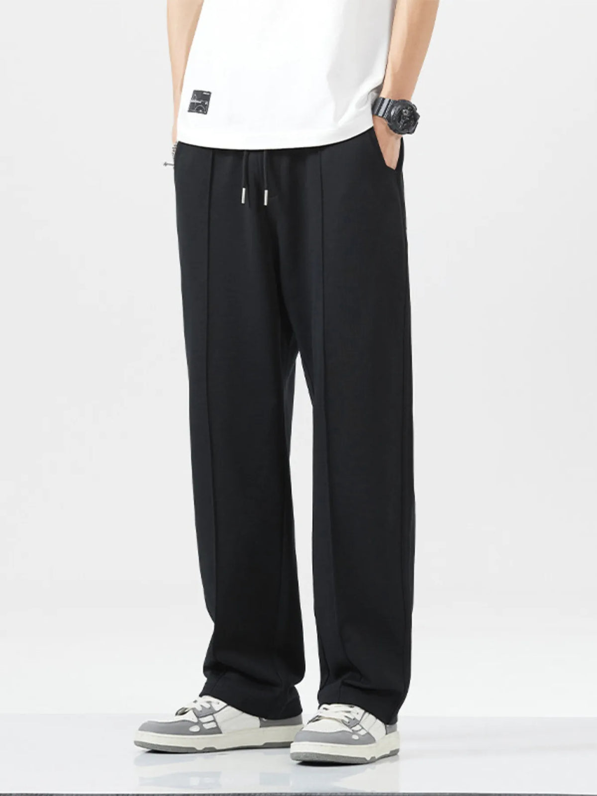 Men's Full Size Casual Drawstring Wide Leg Sweatpants Plus Size in Black