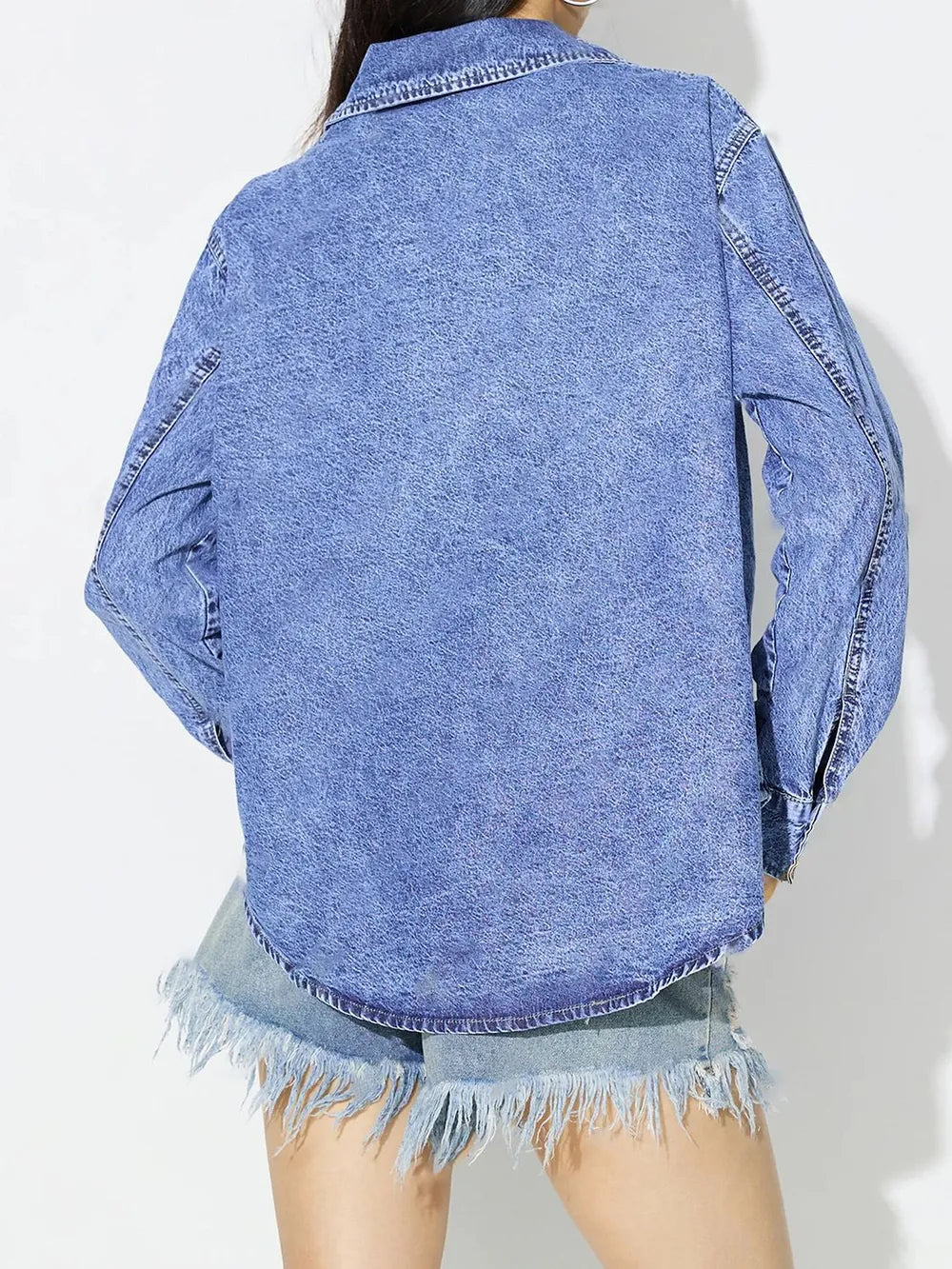 Curved Hem Collared Neck Denim Top - Lilixa.store