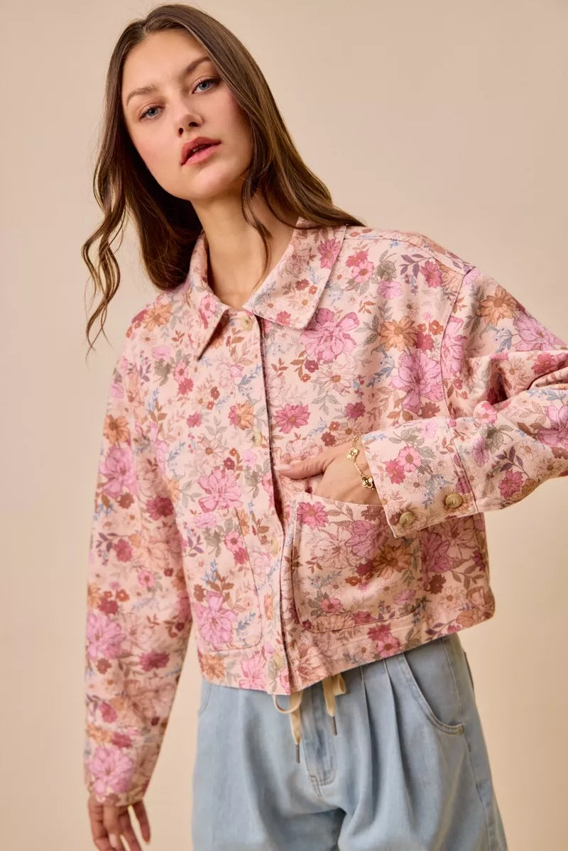 SO ME Floral Print Cotton Twill Button Down Barn Jacket in Blush Pink