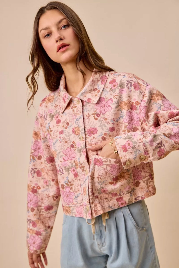 SO ME Floral Print Cotton Twill Button Down Barn Jacket in Blush Pink