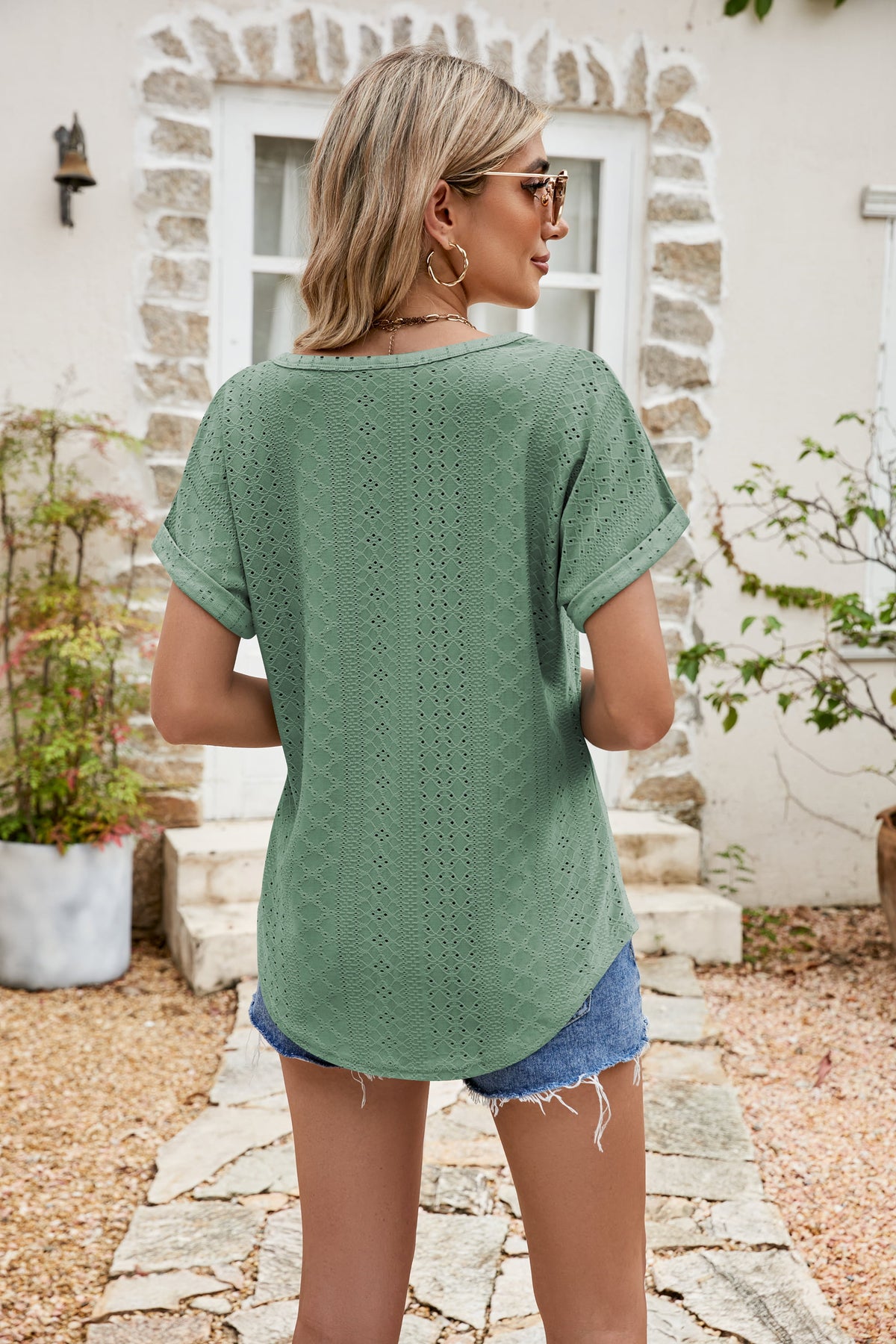 Full Size Round Neck Eyelet Short Sleeve Top, view 12