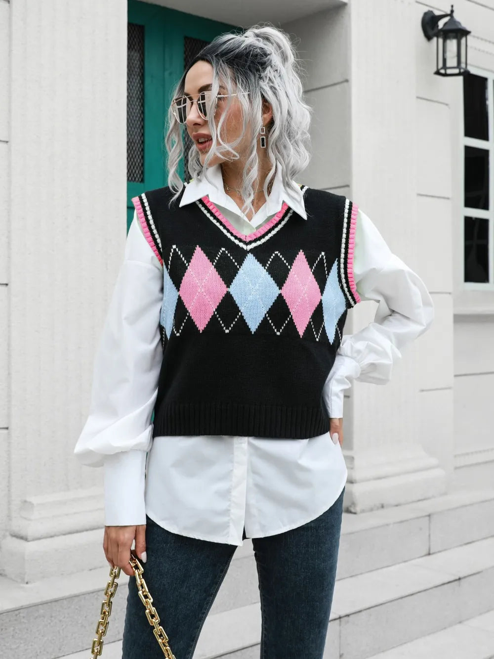 Geometric V-Neck Sweater Vest, view 4