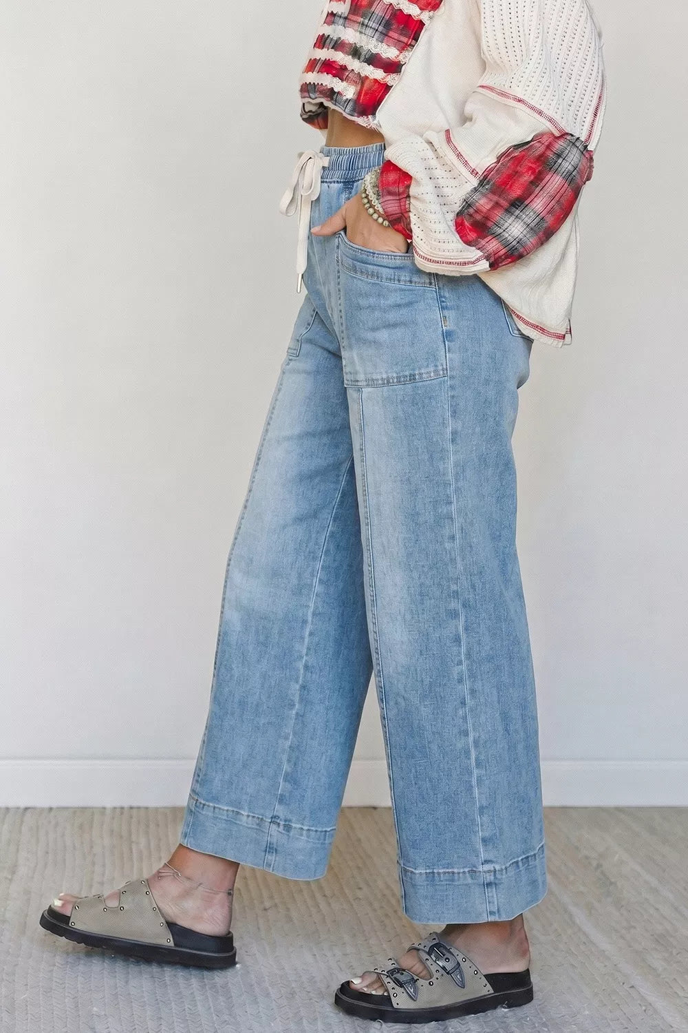 Drawstring Waist Wide Leg Ankle Length Jeans - Lilixa.store