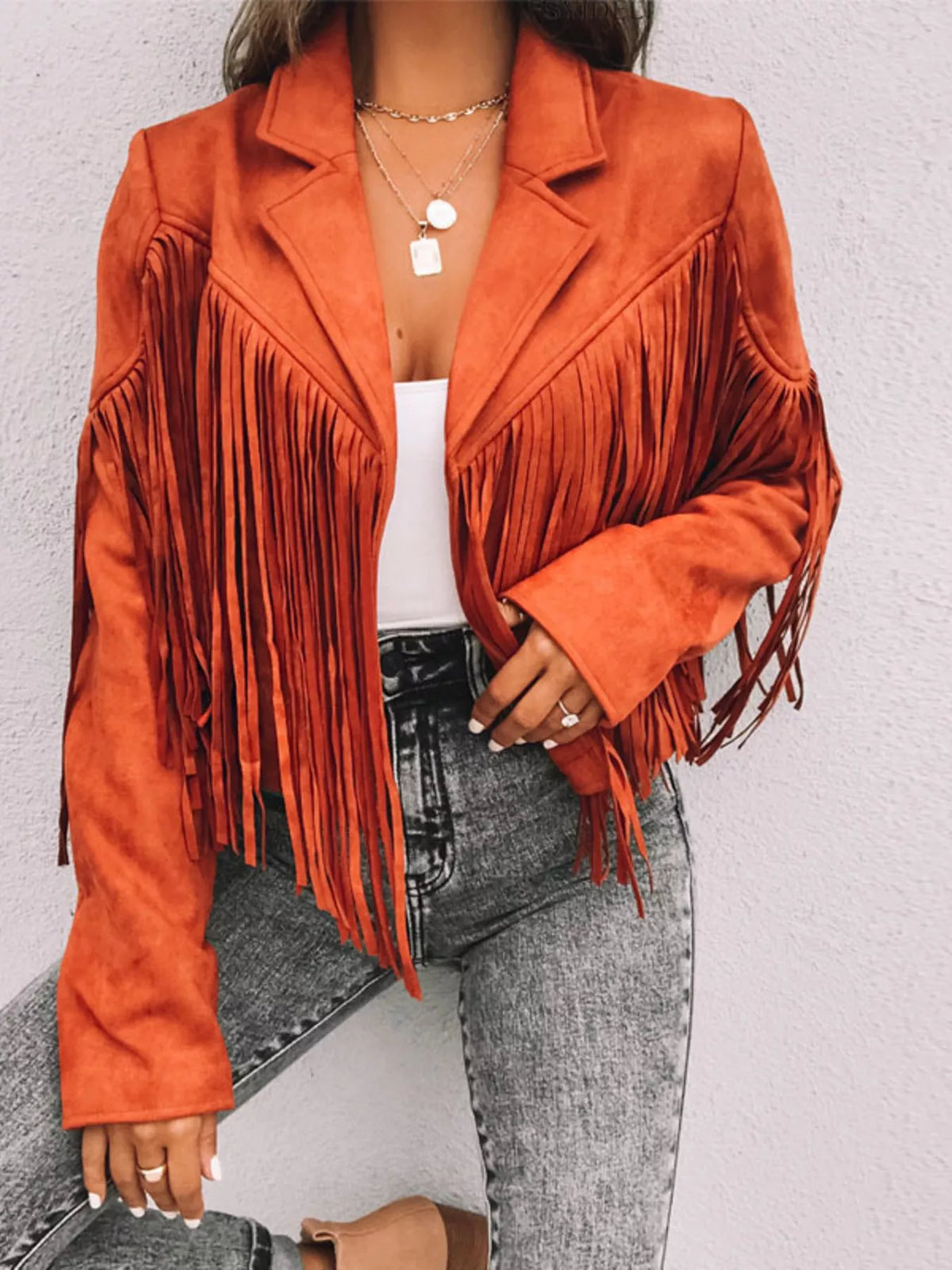 Fringe Open Front Cropped Jacket in Orange