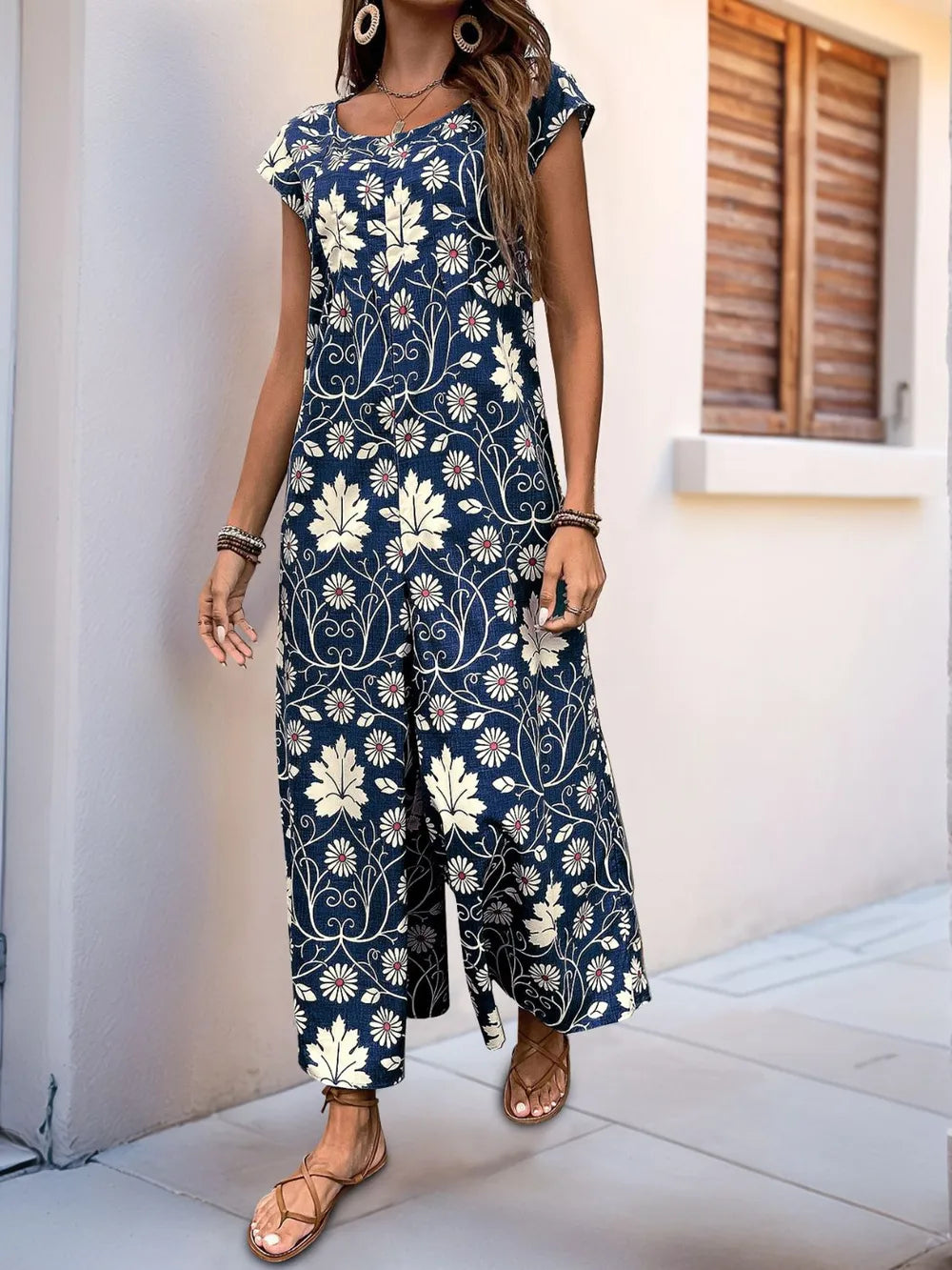 Perfee Printed Round Neck Cap Sleeve Wide Leg Jumpsuit - Lilixa.store