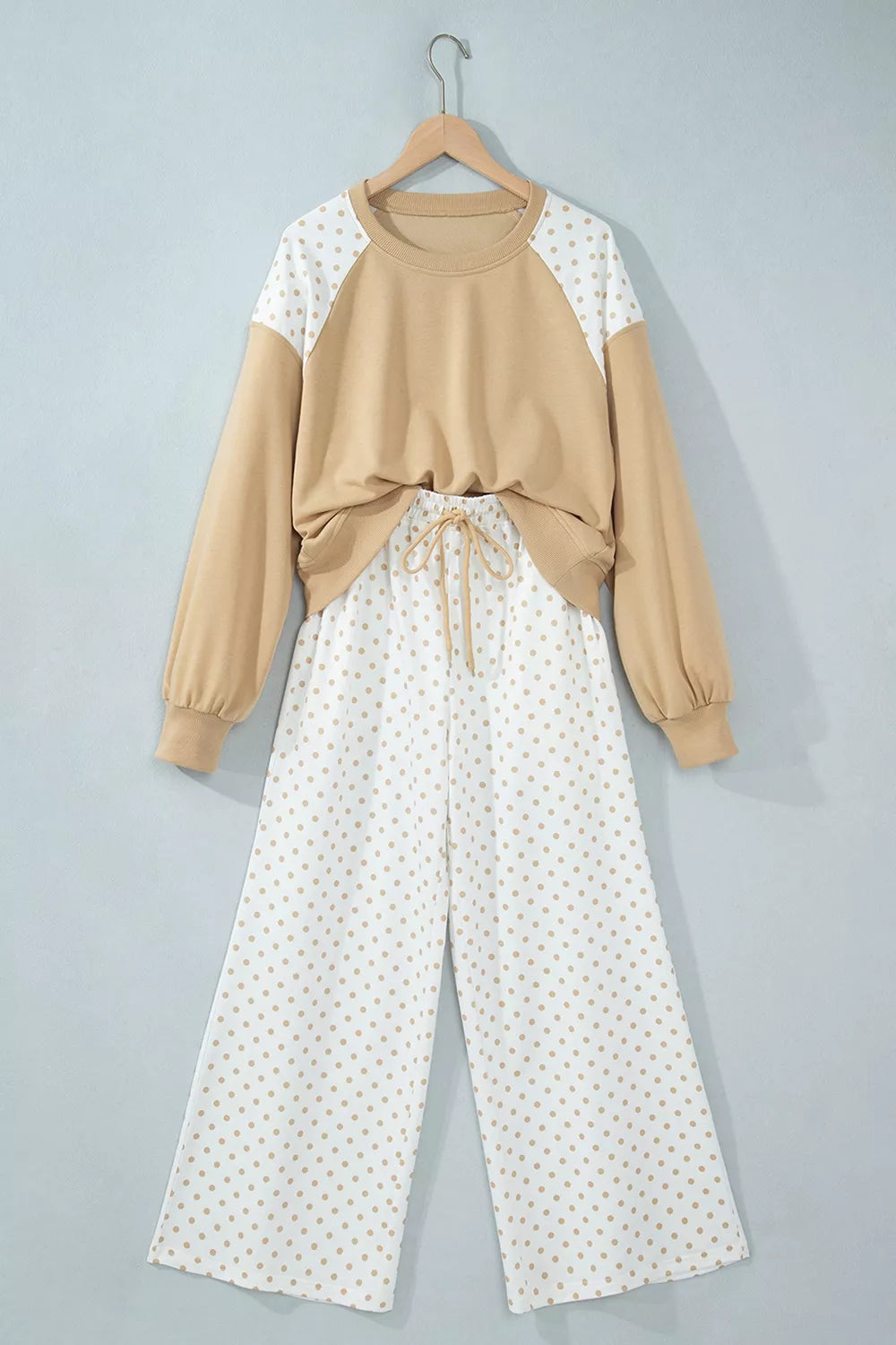 Polka Dot Patchwork Colorblock Long Sleeve Casual Two Piece Pants Set - Lilixa.store