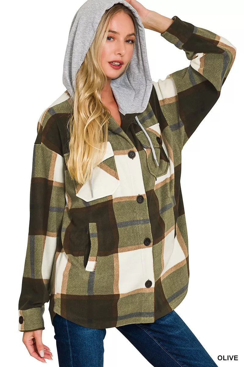 Zenana Plaid Drawstring Hooded Fleece Shacket in Olive, view 3