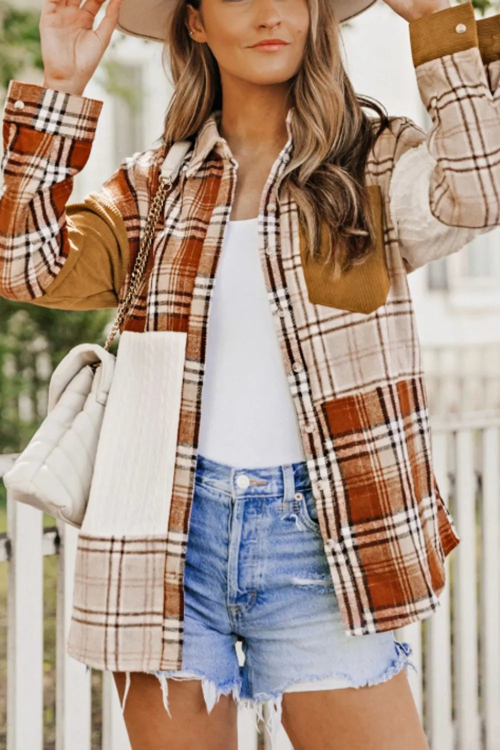Plaid Button Up Long Sleeve Shacket in Sherbet, view 7