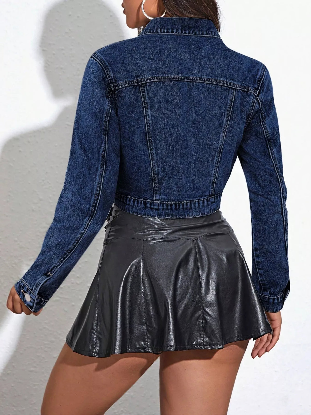 Cropped Button Up Denim Jacket in Dark Blue, view 5