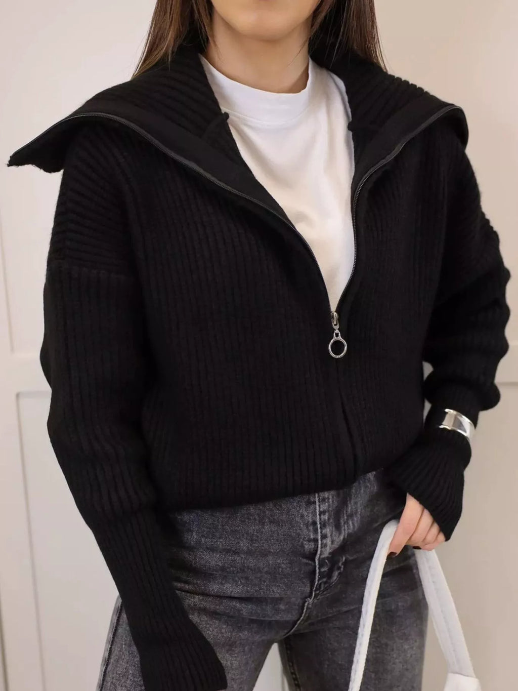 Zip Up Dropped Shoulder Cardigan - Lilixa.store