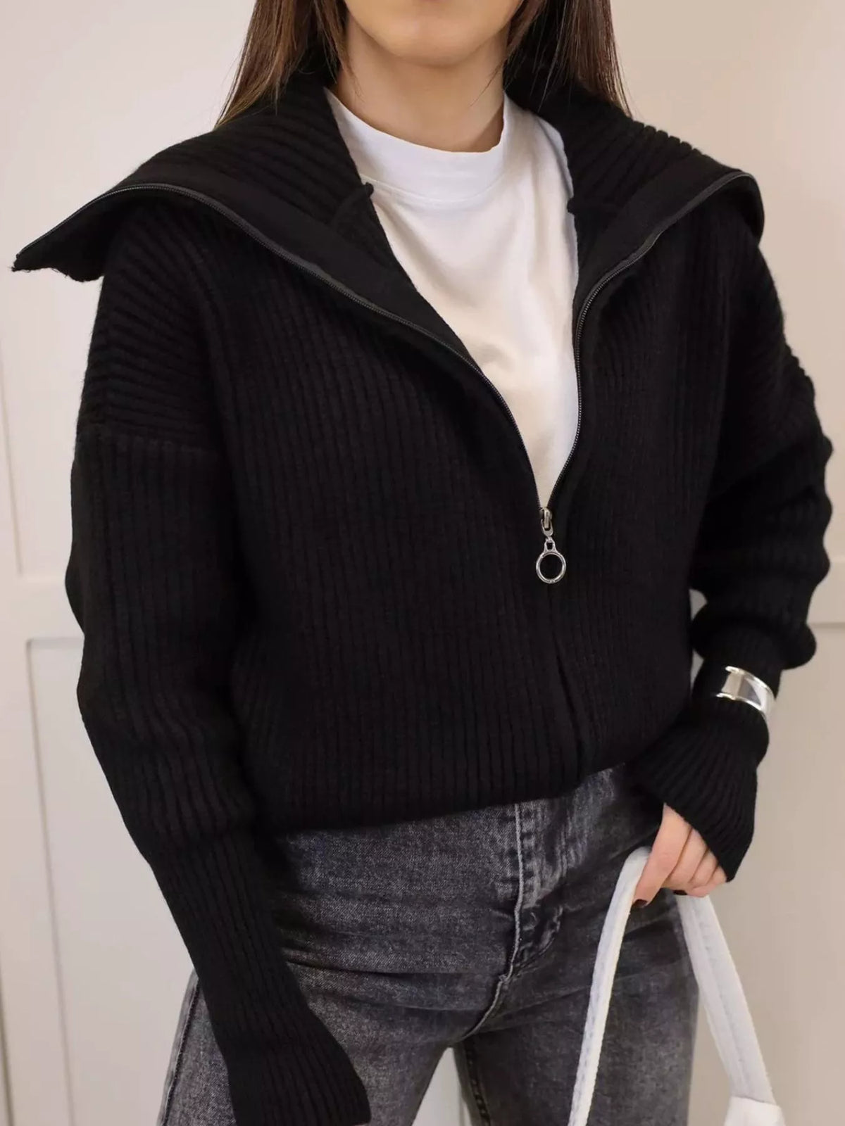 Zip Up Dropped Shoulder Cardigan - Lilixa.store