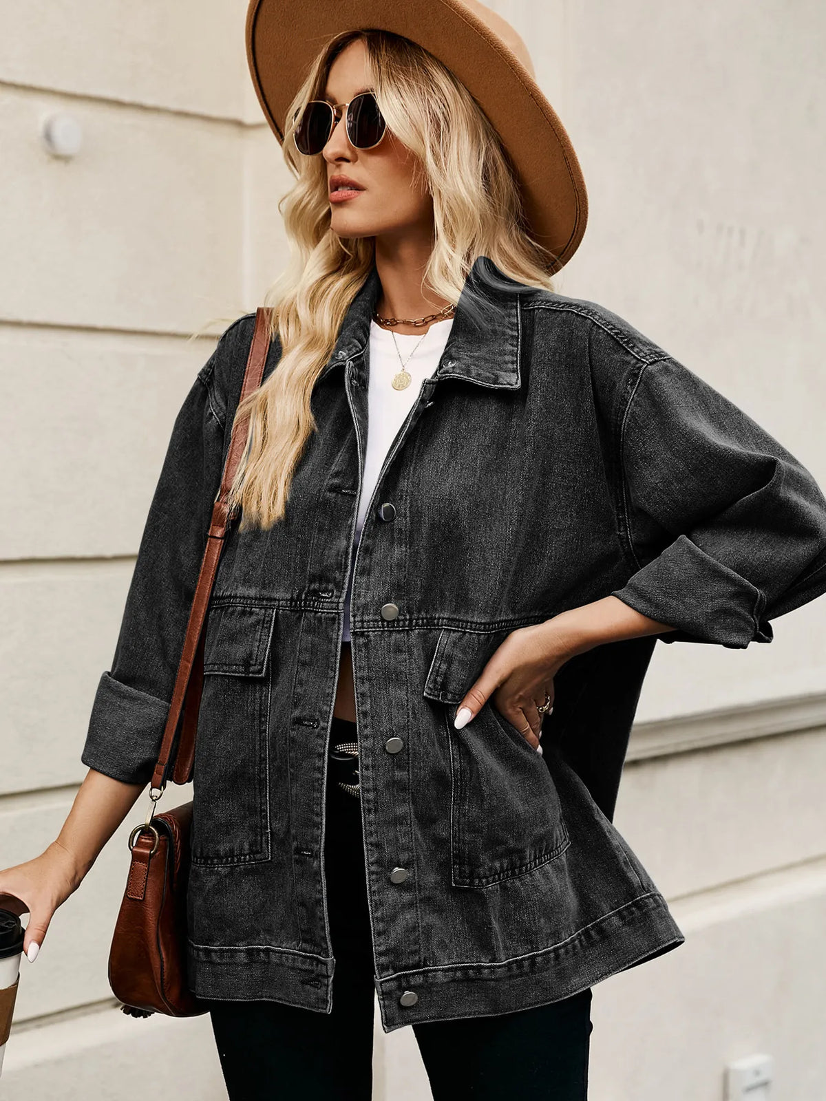 Oversized Button Up Denim Jacket with Hood, view 14
