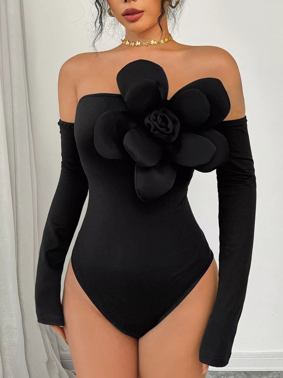 Flower Off-Shoulder Long Sleeve Bodysuit - Lilixa.store