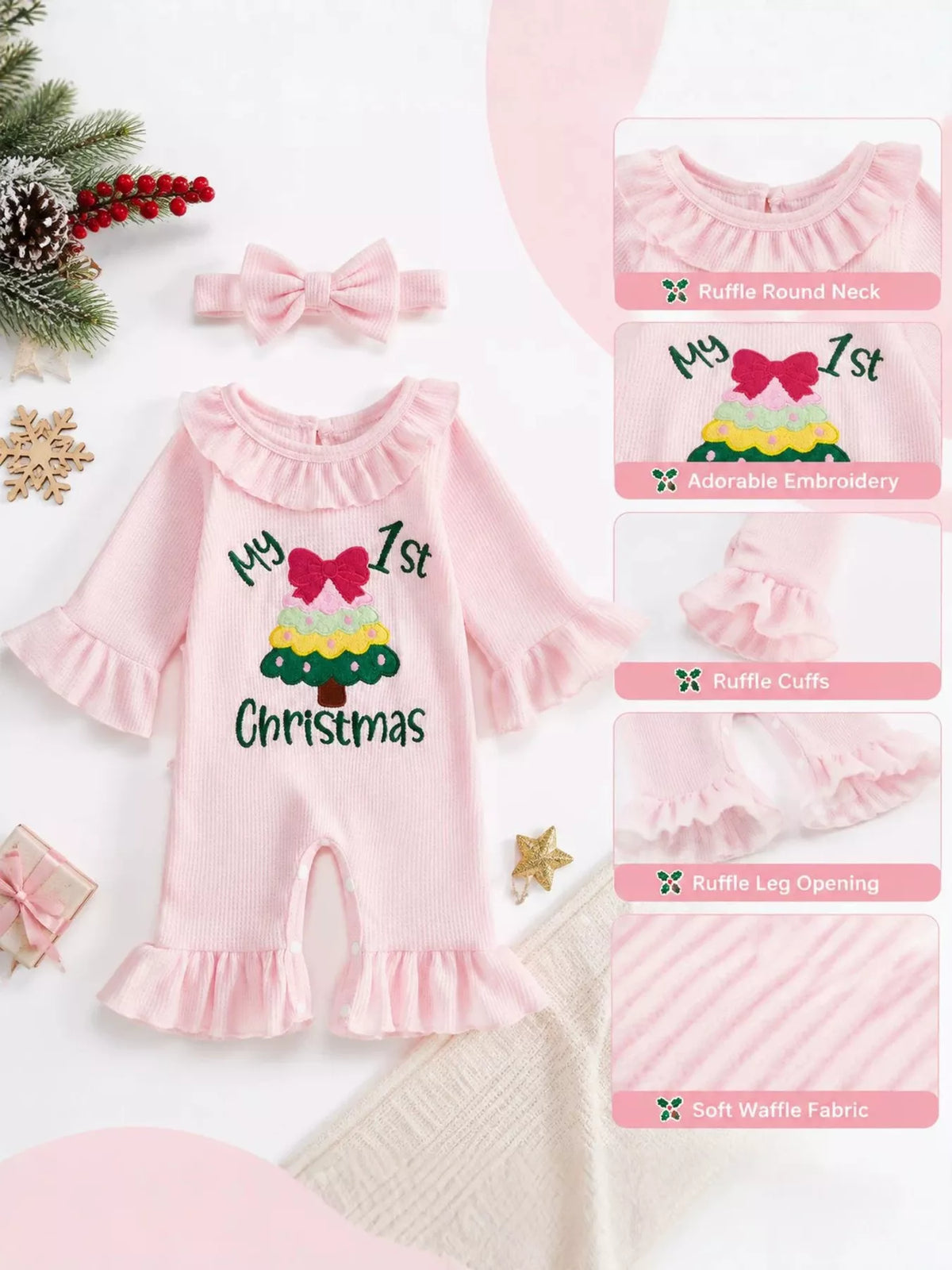Children's 'My 1st Christmas' Ribbed Ruffle Jumpsuit and Headband Set - Lilixa.store